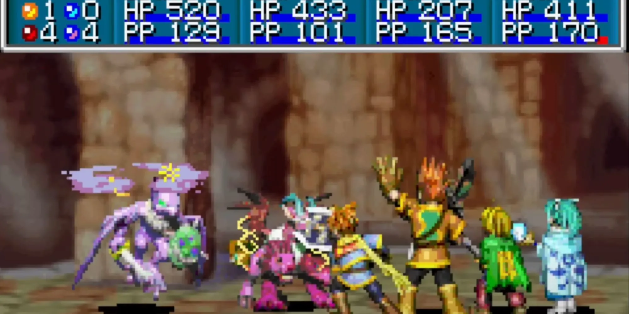 Giao diện chiến đấu theo lượt trong Golden Sun trên Game Boy Advance