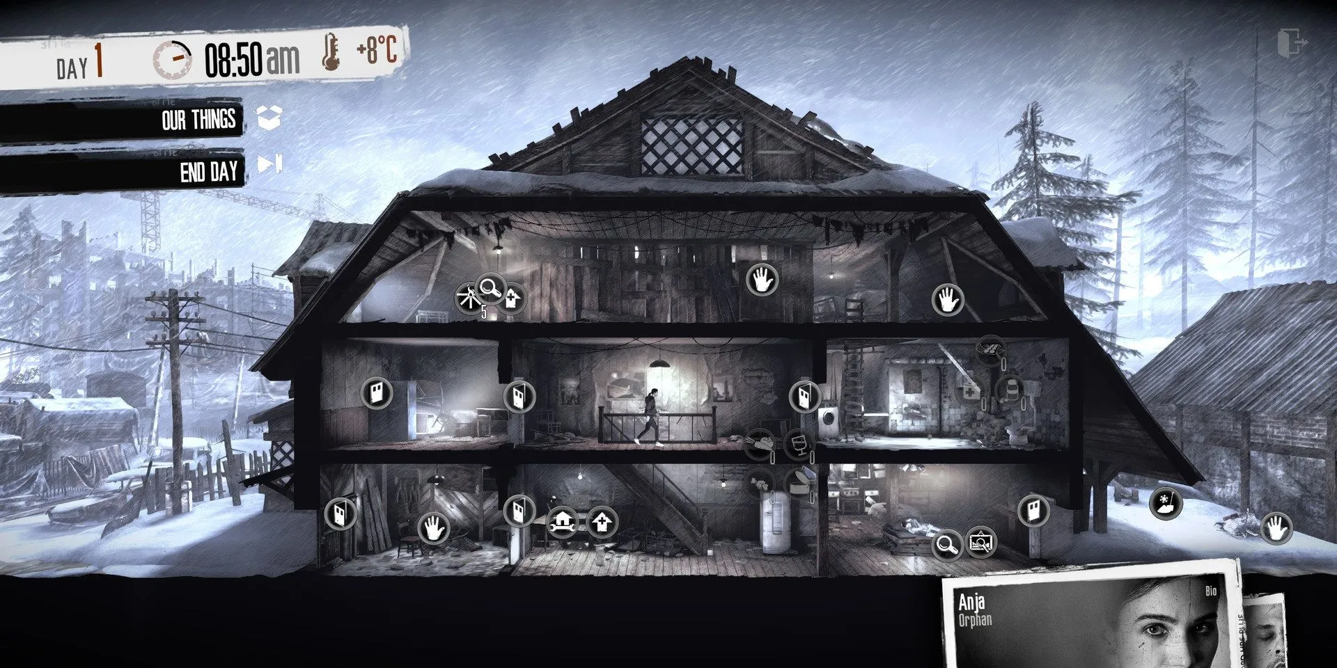 Giao diện đồ họa u ám của This War of Mine, tập trung vào sự sinh tồn trong chiến tranh