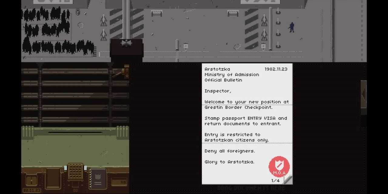 Giao diện màn hình làm việc của nhân viên kiểm tra giấy tờ tại cửa khẩu trong game Papers, Please
