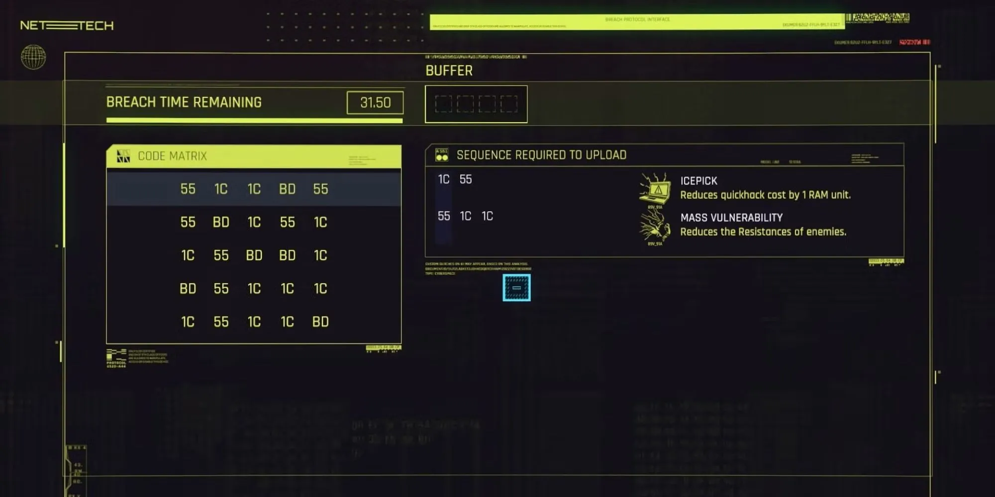 Giao diện mini-game hack Breach Protocol trong Cyberpunk 2077, yêu cầu giải mã ma trận ký tự