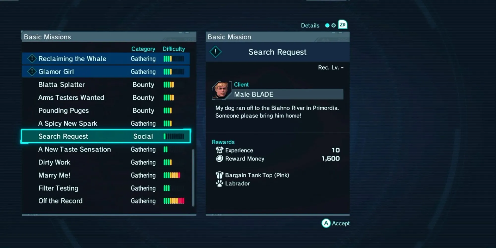 Giao diện nhiệm vụ cơ bản Search Request để tìm thú cưng trong Xenoblade Chronicles X