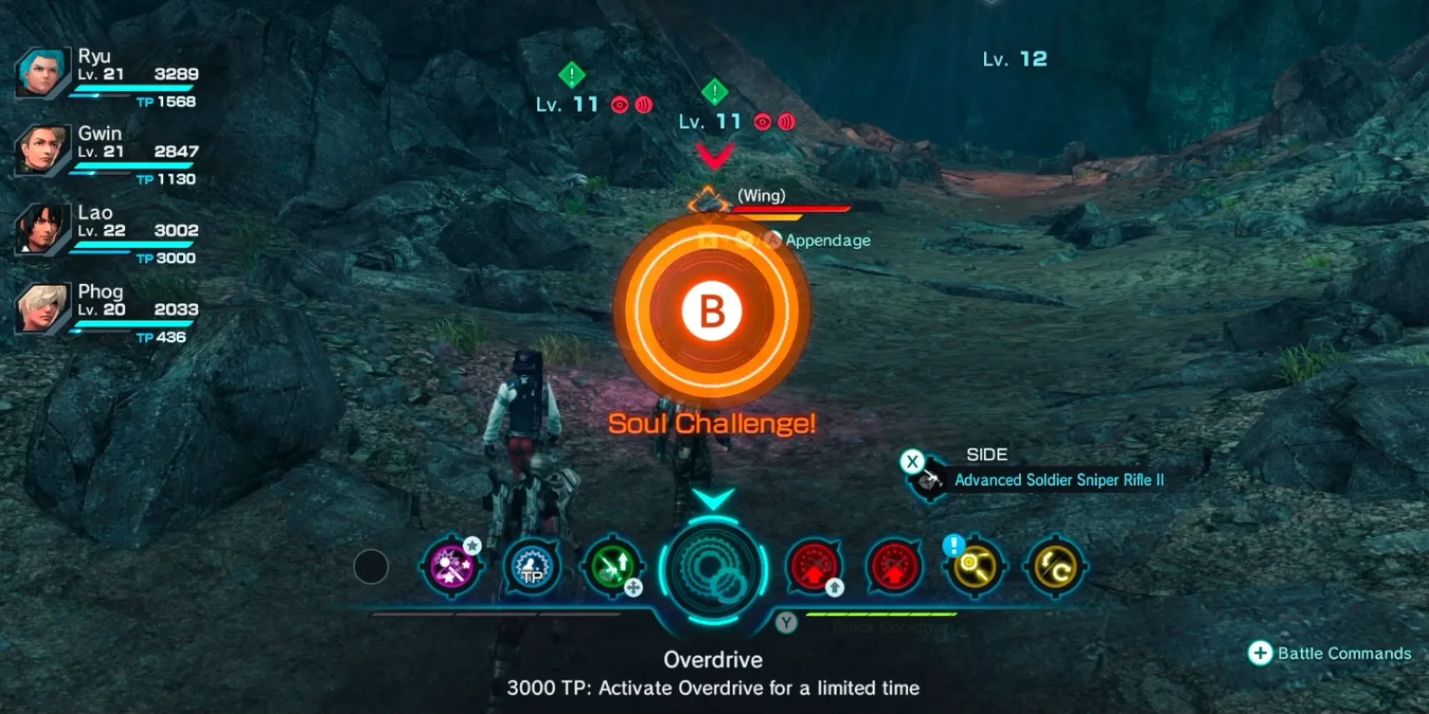 Giao diện Soul Challenge trong Xenoblade Chronicles X với vòng tròn QTE màu cam