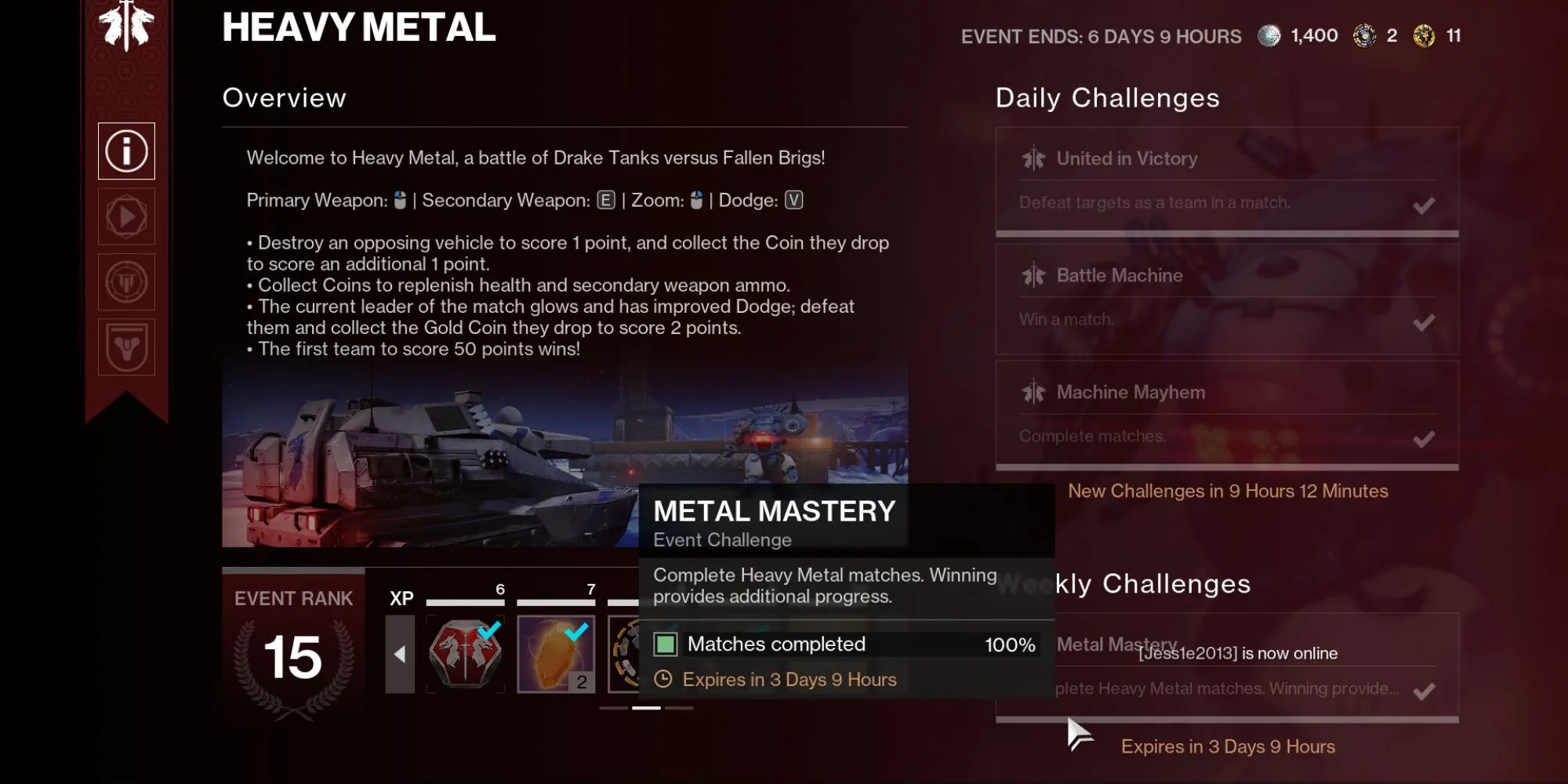 Giao diện Thẻ Sự kiện Heavy Metal trong Destiny 2 hiển thị các thử thách và phần thưởng