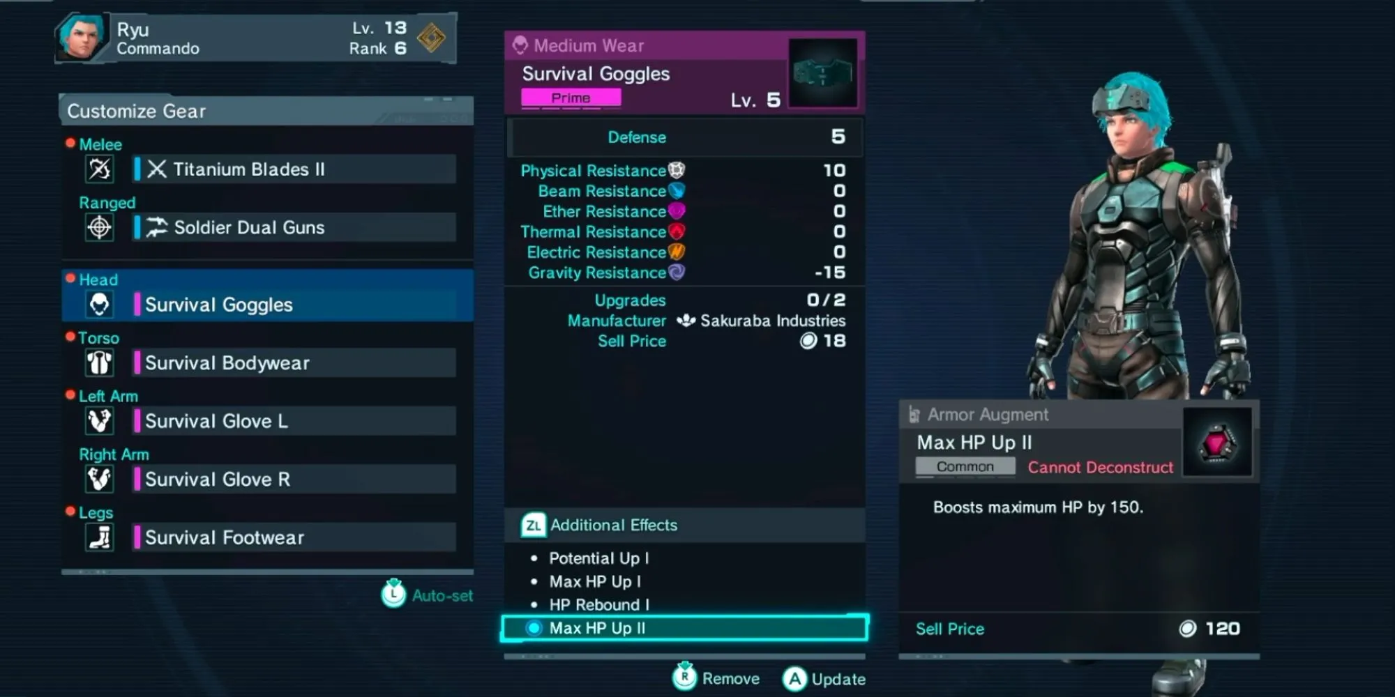 Giao diện trang bị Augment vào ô trống trên trang bị trong Xenoblade Chronicles X