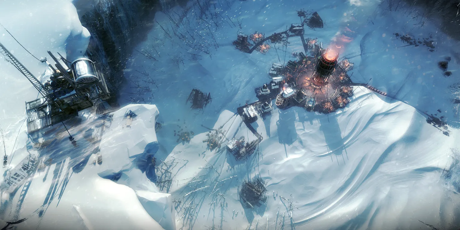 Giao diện xây dựng thành phố và quản lý tài nguyên trong Frostpunk, một game sinh tồn khắc nghiệt