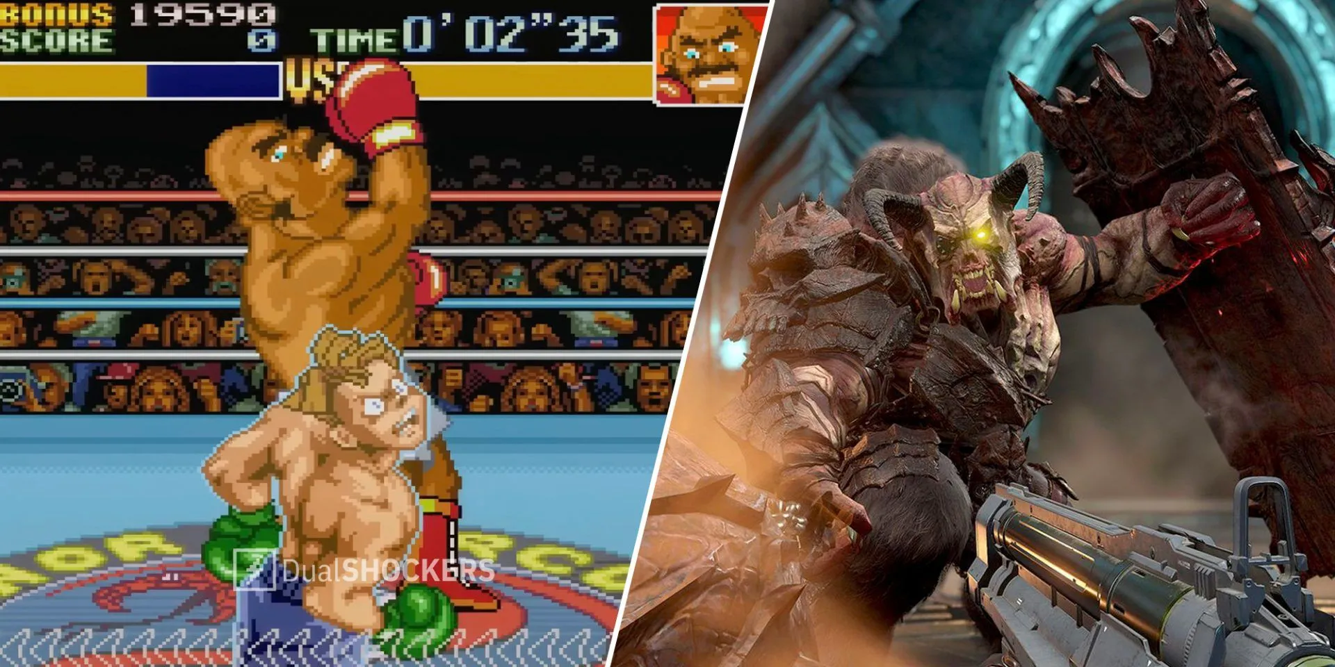 Hai hình ảnh cạnh nhau: Super Punch-Out!! bên trái, DOOM Eternal bên phải, minh họa chế độ multiplayer ẩn