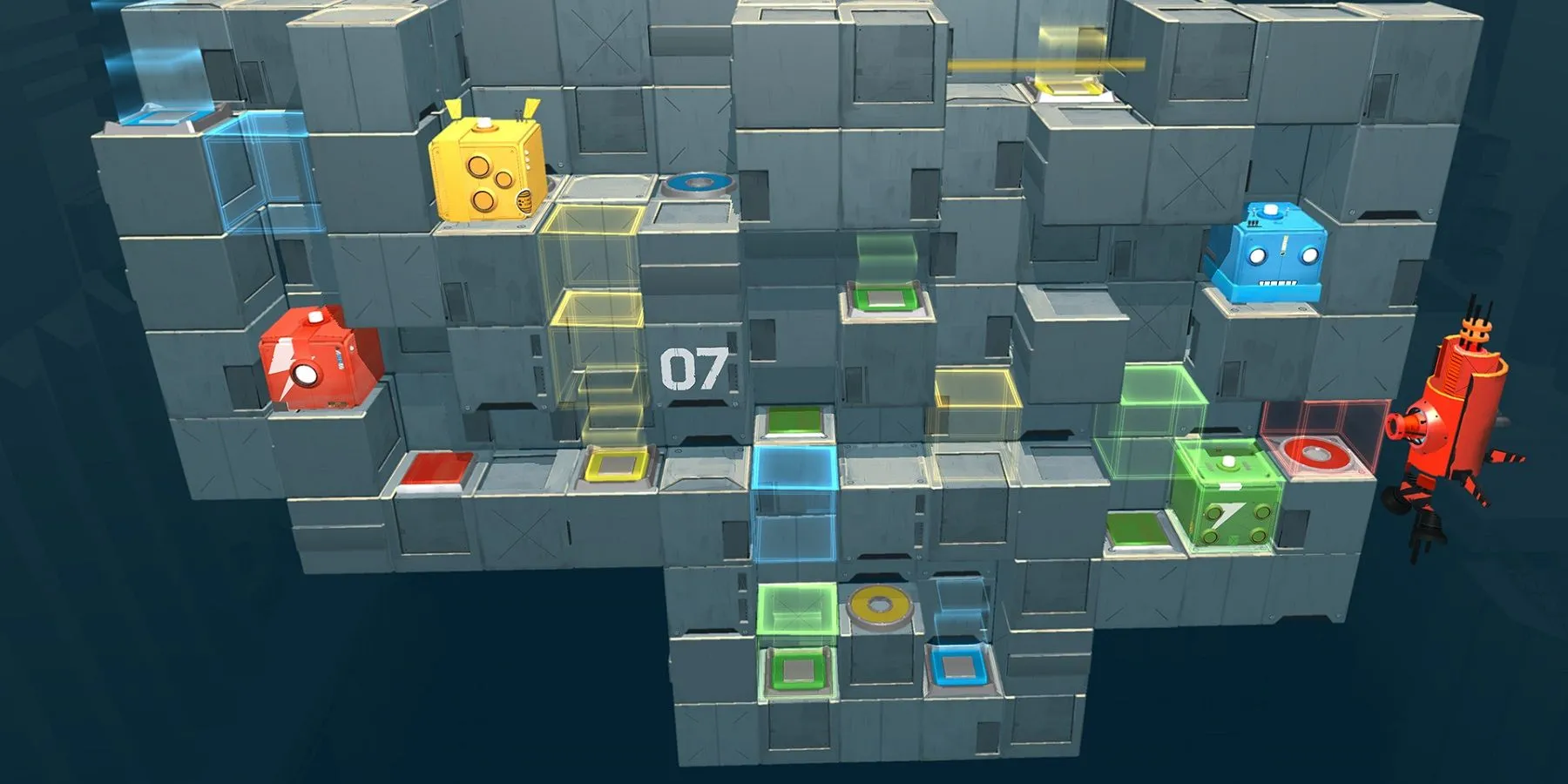 Hai khối vuông đang phối hợp trong game giải đố co-op Death Squared