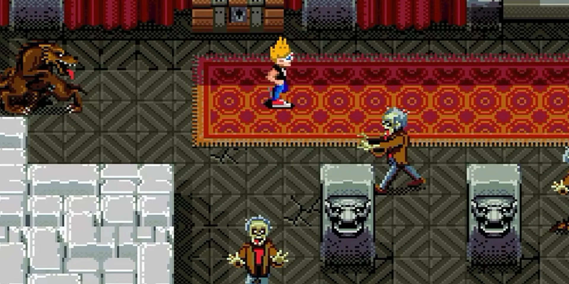 Hai nhân vật chính chiến đấu với zombie và người sói trong Zombies Ate My Neighbors, game bắn súng góc nhìn từ trên xuống trên SNES