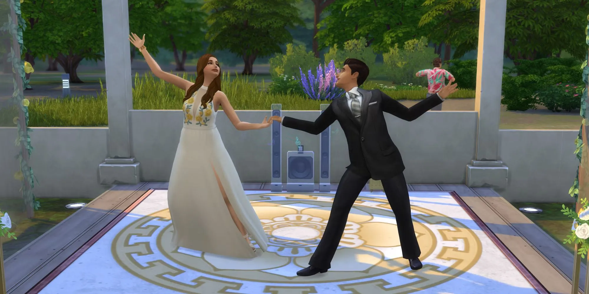 Hai nhân vật Sims mặc trang phục lịch sự đang khiêu vũ cùng nhau