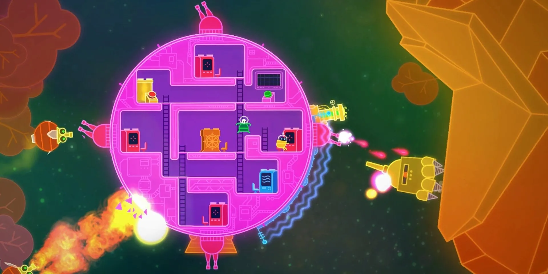 Hai phi công điều khiển con tàu vũ trụ và hệ thống vũ khí trong game hành động co-op Lovers in a Dangerous Spacetime