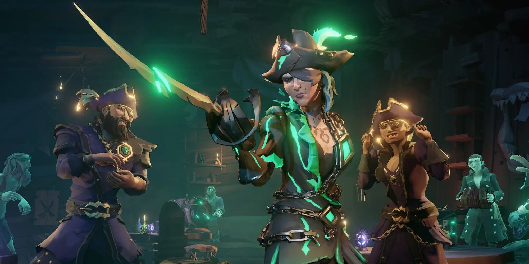 Hải tặc chỉ kiếm trong game Sea of Thieves, sẵn sàng chiến đấu hoặc đột kích tàu khác
