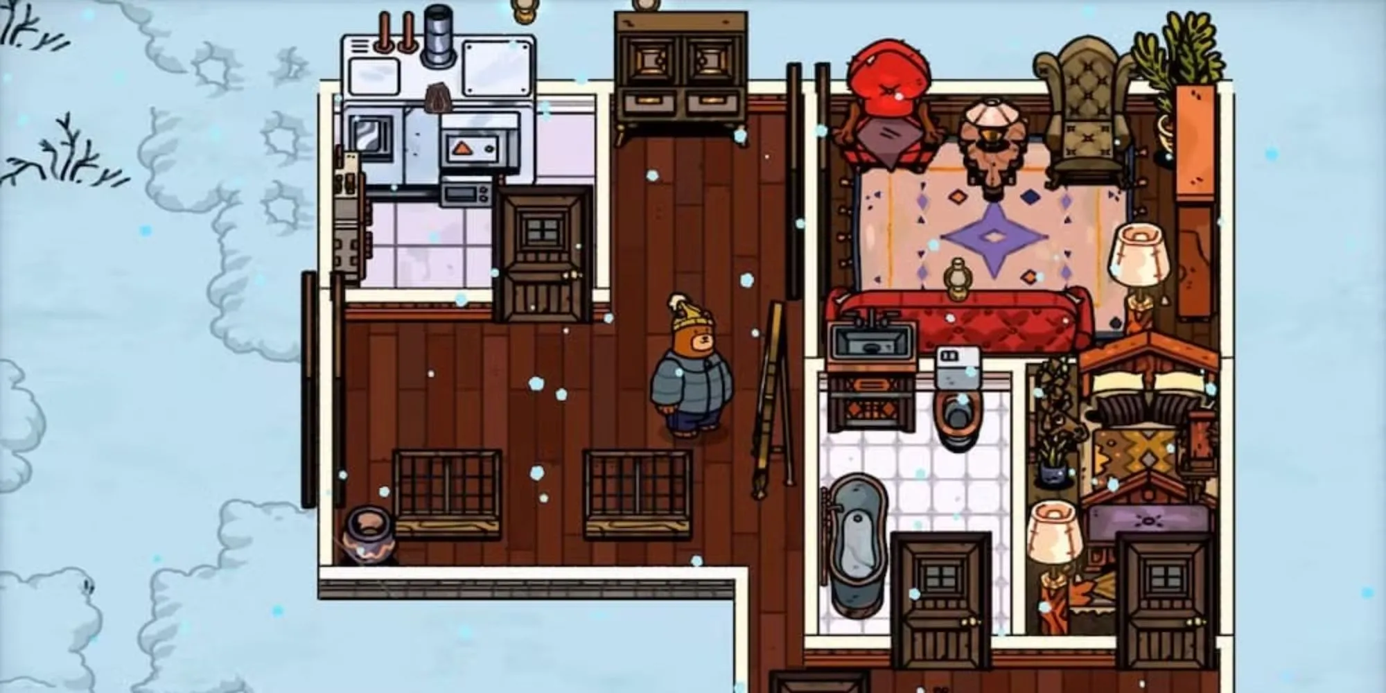 Hank, chú gấu nhân vật chính đang quản lý khu nghỉ dưỡng trong game mô phỏng Bear and Breakfast