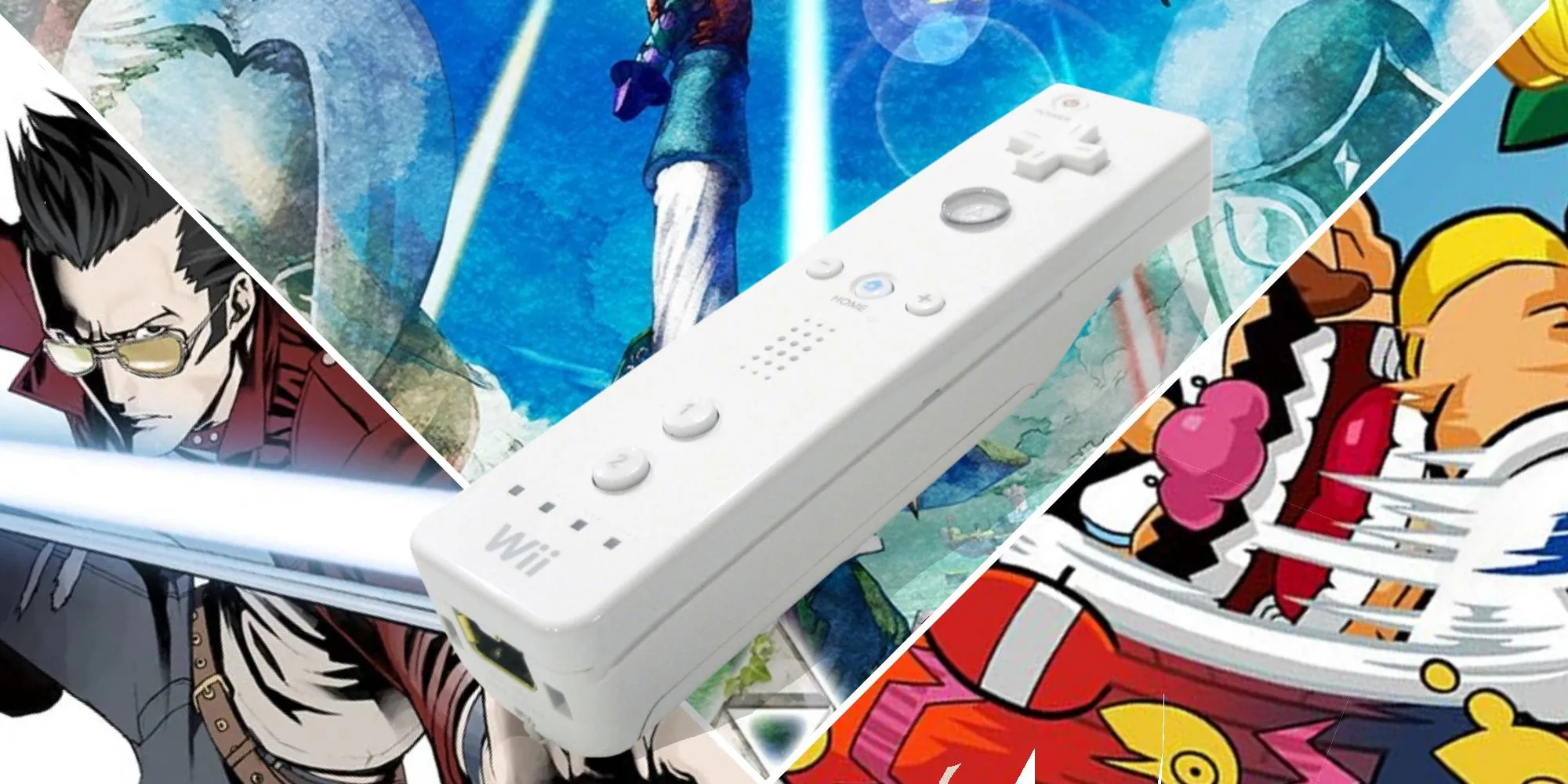 Hình ảnh bìa tổng hợp các game Wii sử dụng điều khiển cảm biến chuyển động, có No More Heroes, Skyward Sword, Wario Land Shake It và tay cầm Wiimote