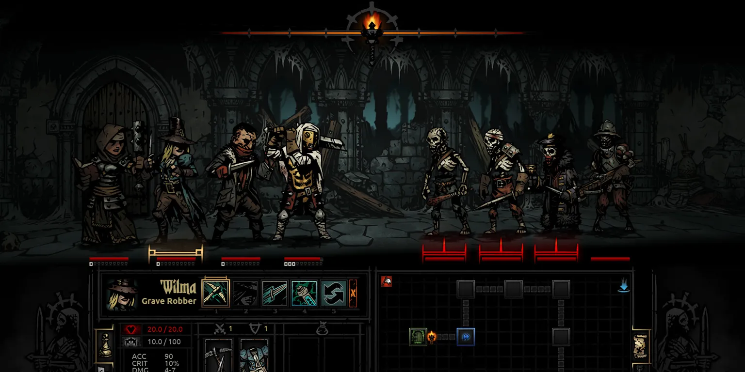 Hình ảnh chiến đấu theo lượt của tựa game Darkest Dungeon với phong cách đồ họa độc đáo