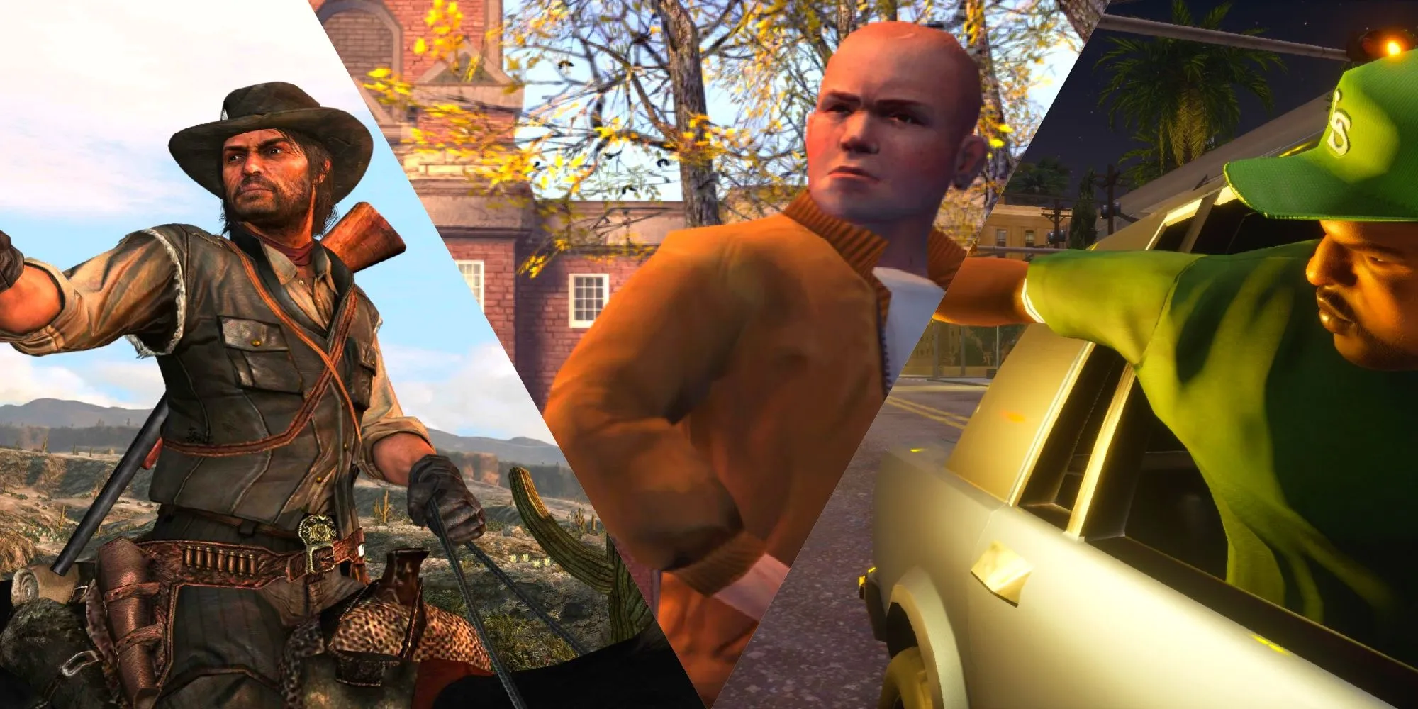Hình ảnh collage các tựa game nổi tiếng của Rockstar Games, nhà phát triển của Red Dead Redemption 2, được xếp hạng.