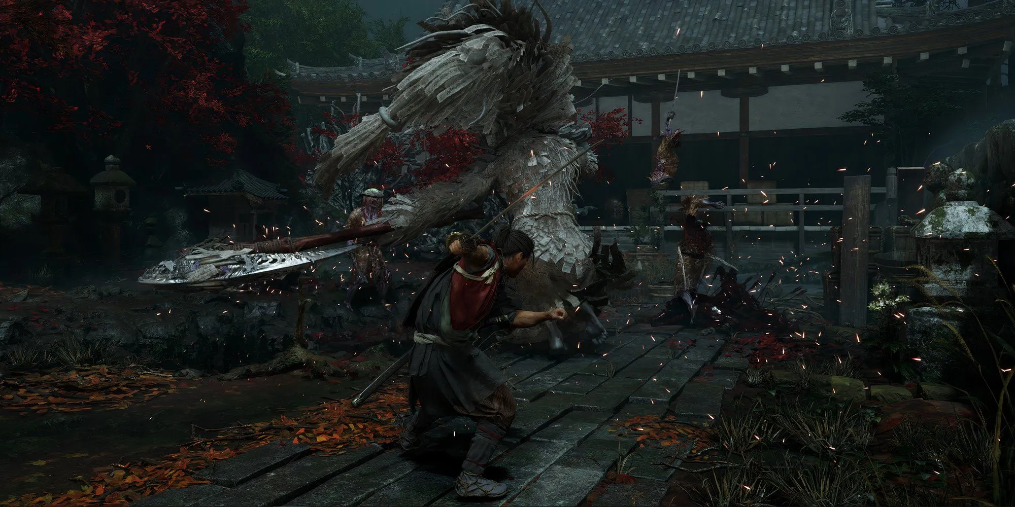Hình ảnh gameplay Onimusha Way of the Sword cho thấy nhân vật Miyamoto Musashi trong trận chiến