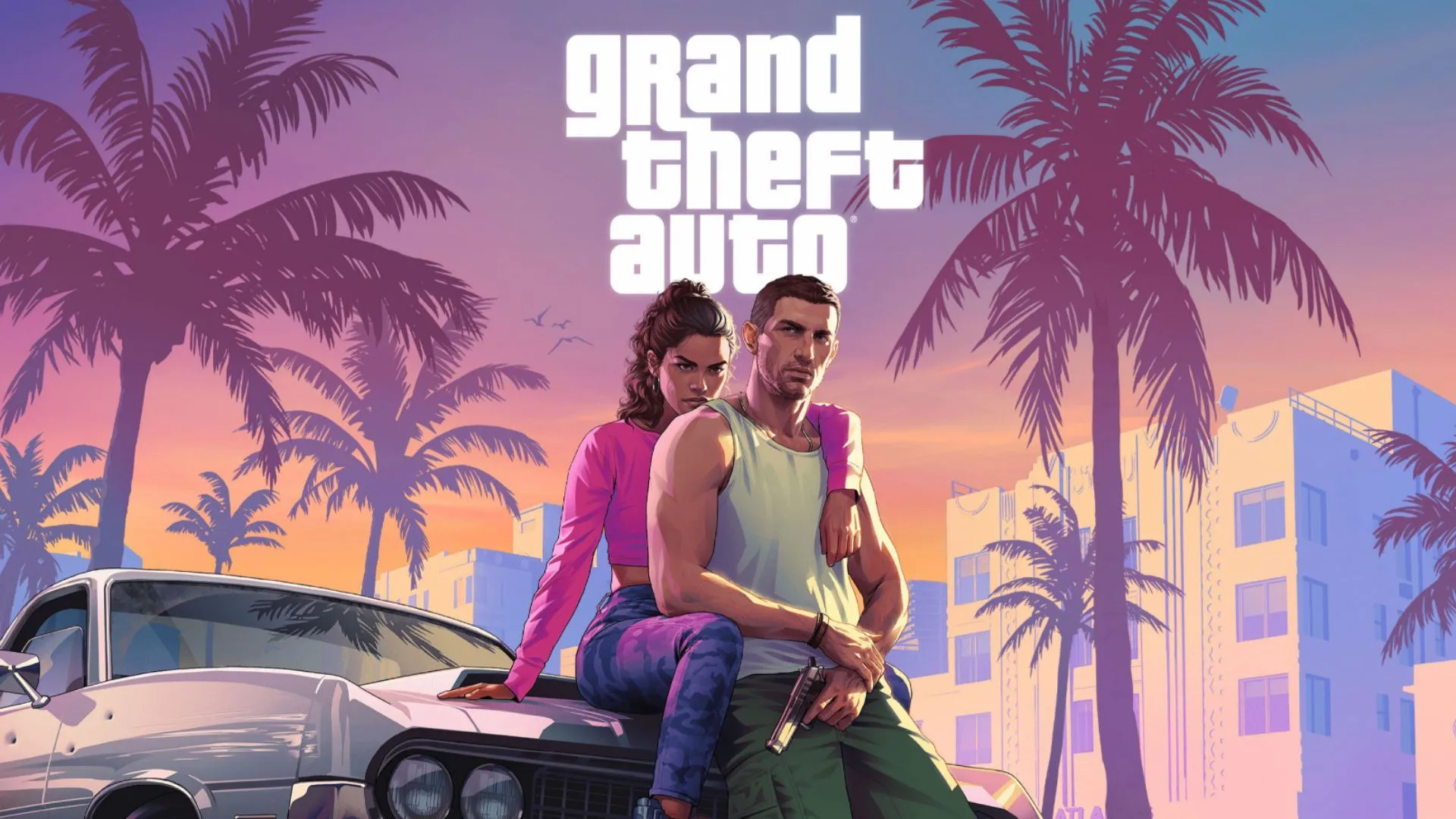 Hình ảnh logo chính thức của Grand Theft Auto VI nổi bật trên nền trời hoàng hôn Vice City, thể hiện sự mong đợi và tầm vóc của tựa game.