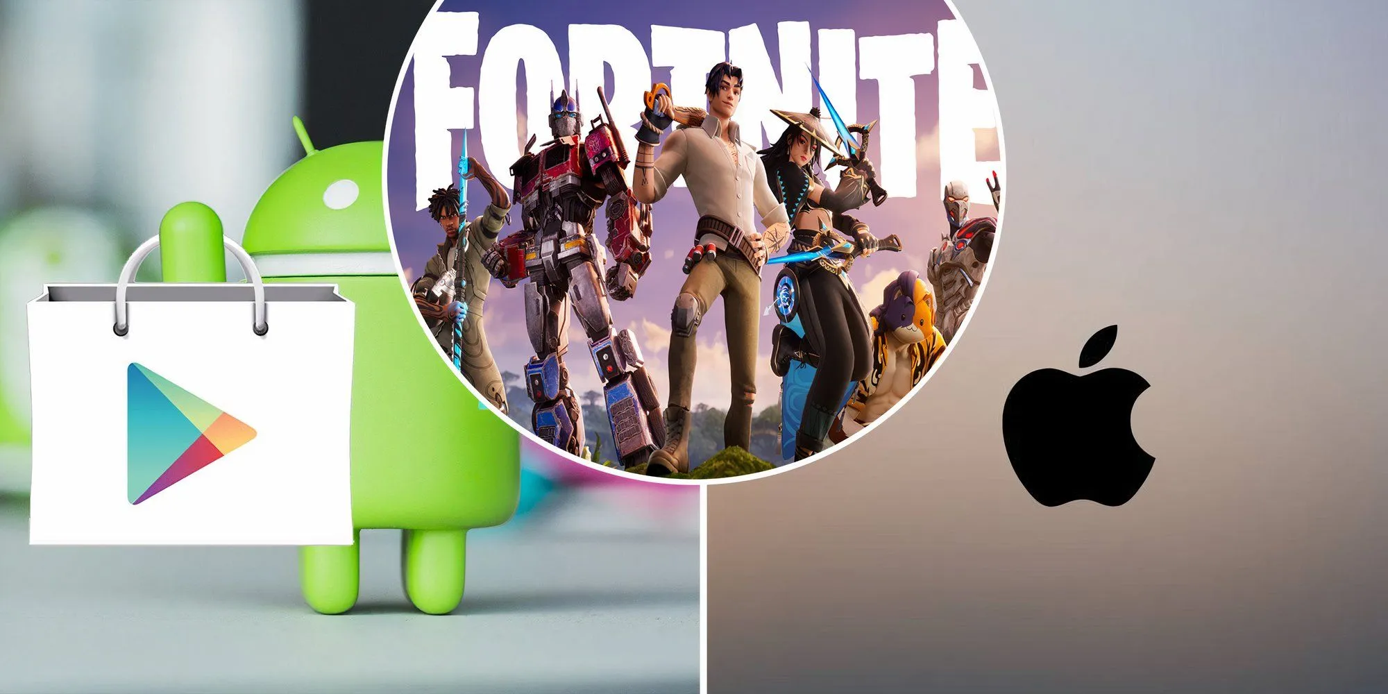Hình ảnh logo Fortnite cùng biểu tượng App Store và Google Play Store, minh họa cuộc chiến pháp lý trên các nền tảng di động