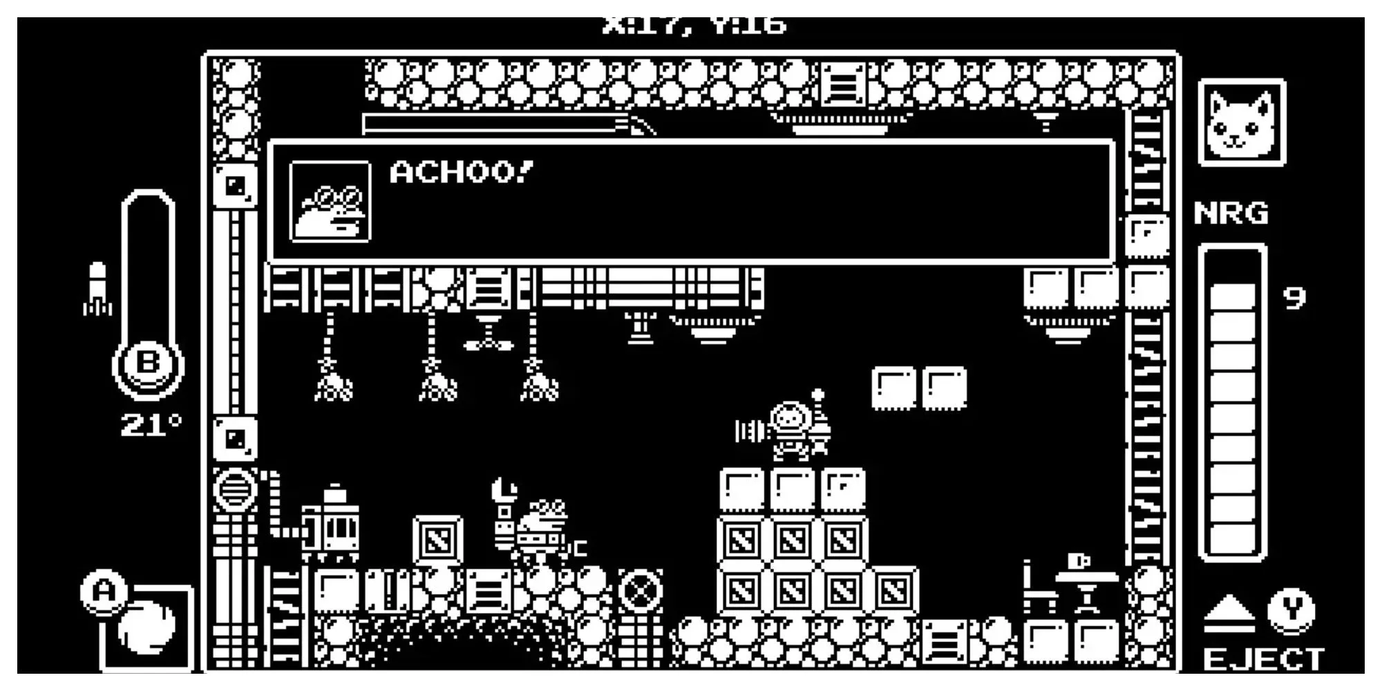 Hình ảnh mèo robot trong game Metroidvania pixel art Gato Roboto.