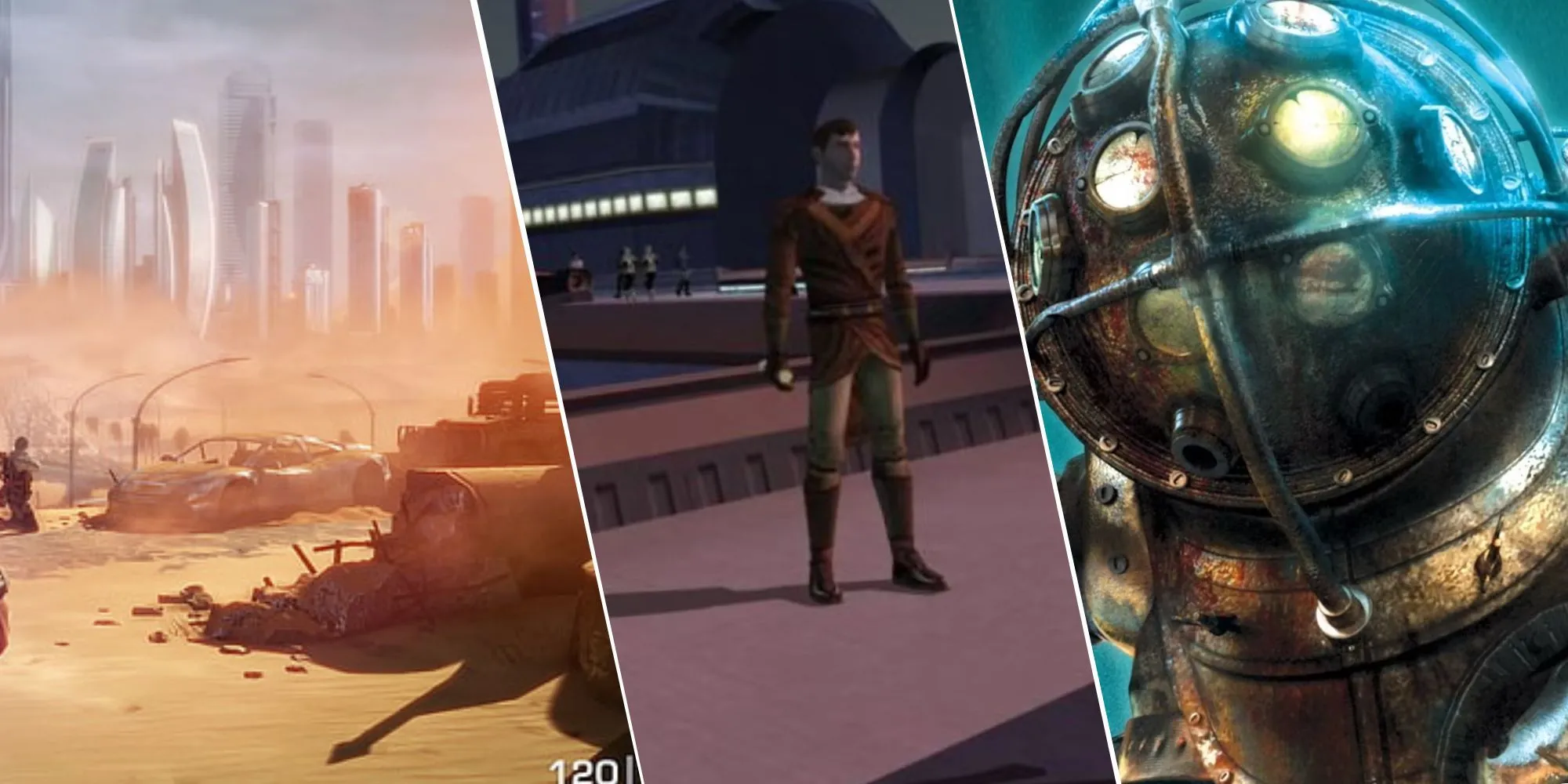 Hình ảnh minh họa về các game nổi tiếng với cốt truyện xoắn não: Spec Ops, Knights of the Old Republic, Bioshock