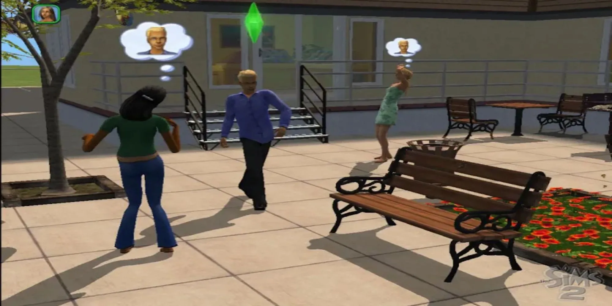 Hình ảnh nhân vật trong The Sims 2 đang tương tác trong nhà