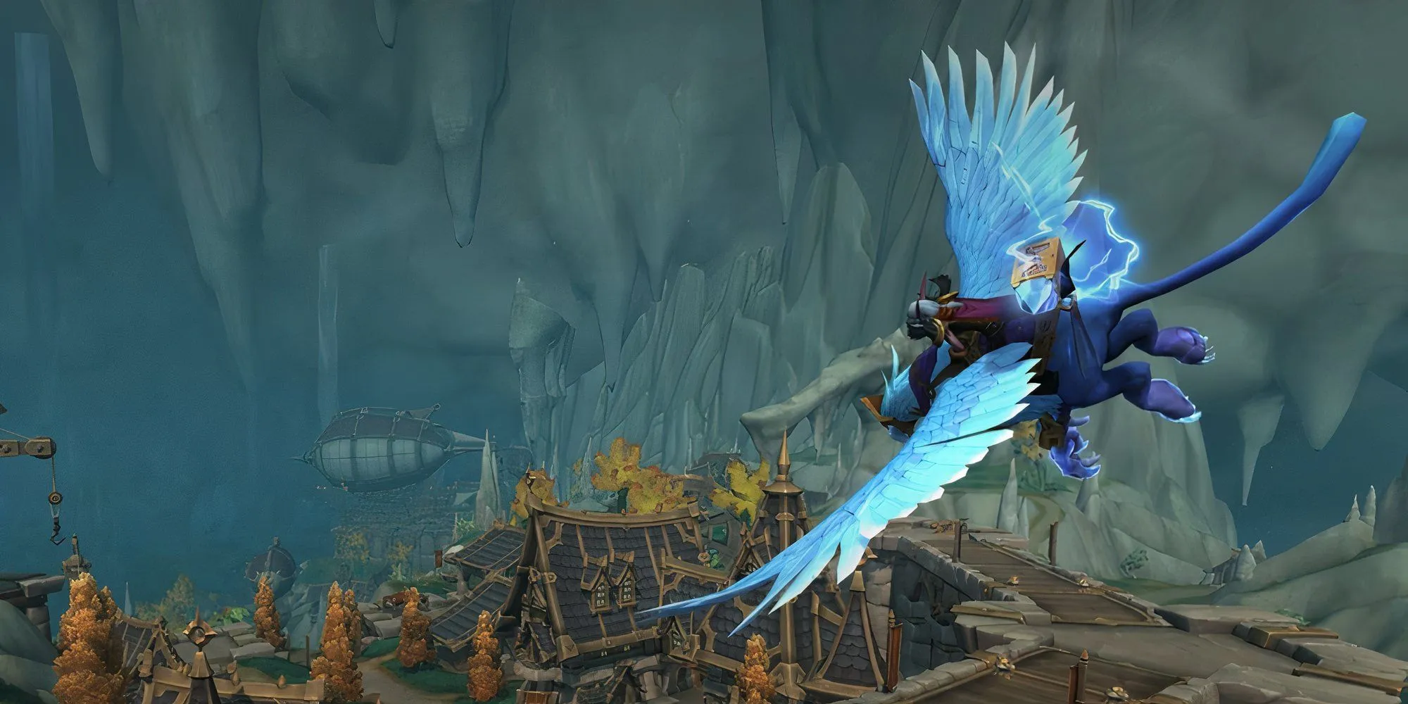 Hình ảnh quảng bá World of Warcraft The War Within với sinh vật có cánh bay trên thị trấn