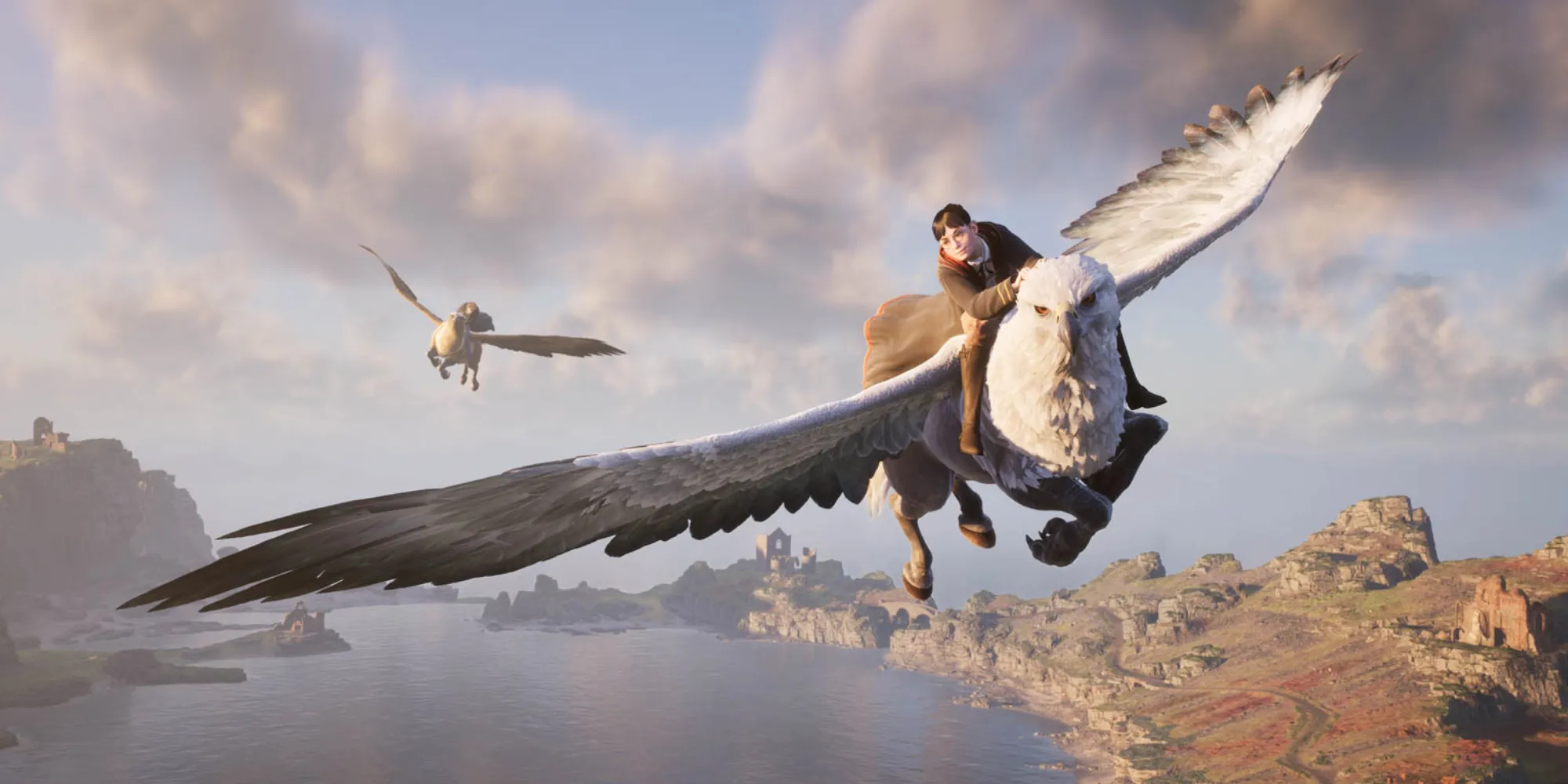 Hình ảnh sinh viên Hogwarts Legacy cưỡi Hippogriff, thể hiện khả năng khám phá thế giới mở được cải tiến trên Switch 2