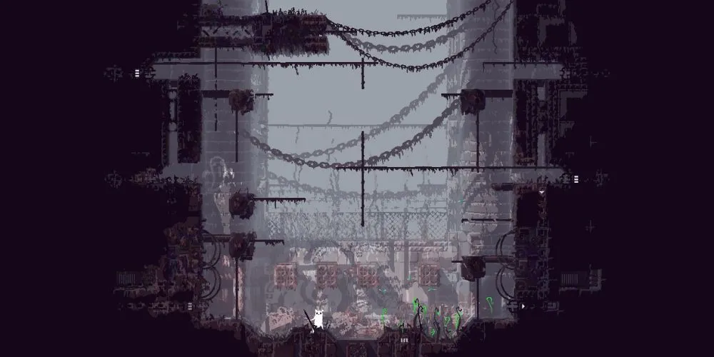 Hình ảnh Slugcat, nhân vật chính của Rain World, khám phá môi trường game đầy nguy hiểm và bí ẩn