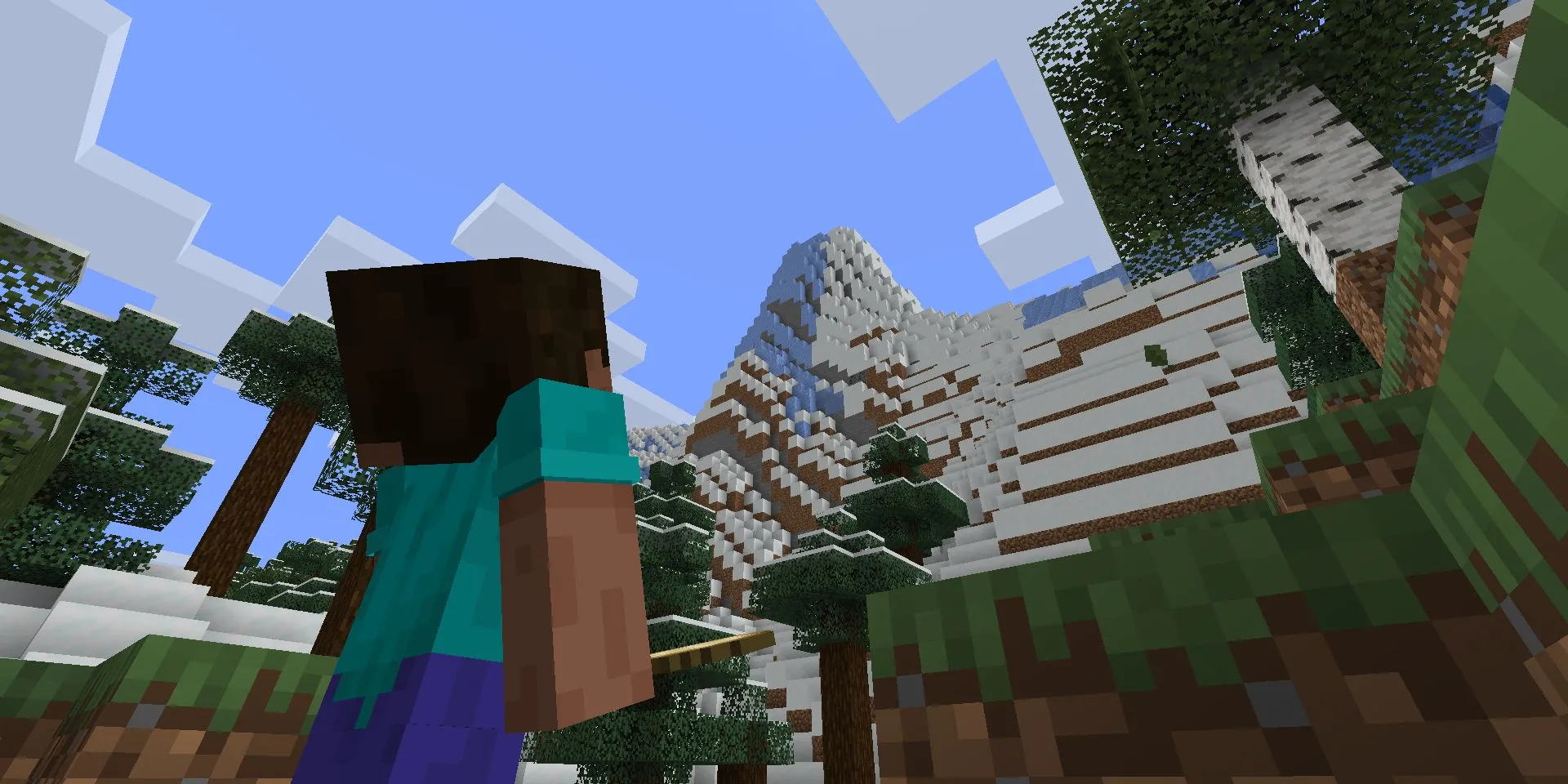 Hình ảnh Steve, nhân vật chính của Minecraft, nhìn lên một vách đá lớn trong thế giới khối vuông