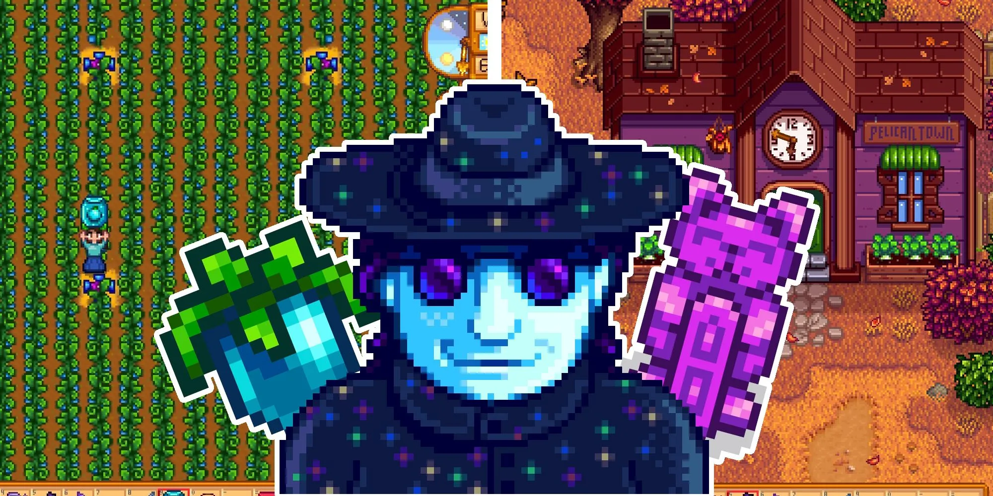 Hình ảnh tổng hợp các yếu tố thử thách trong Stardew Valley: Mr. Qi, Trái Cây Cổ Đại, Trung Tâm Cộng Đồng