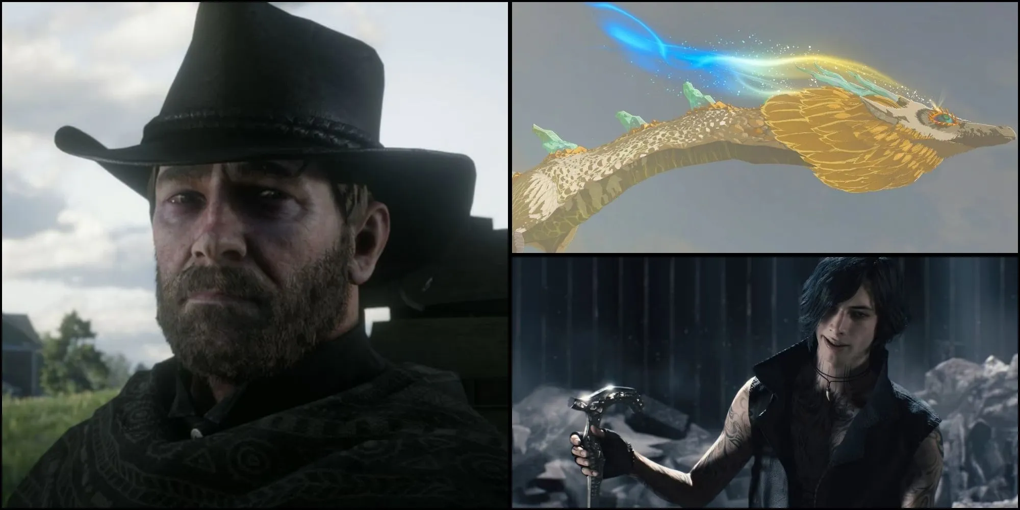 Hình ảnh tổng hợp từ các game nổi tiếng Red Dead Redemption 2, Zelda Tears of the Kingdom và Devil May Cry 5