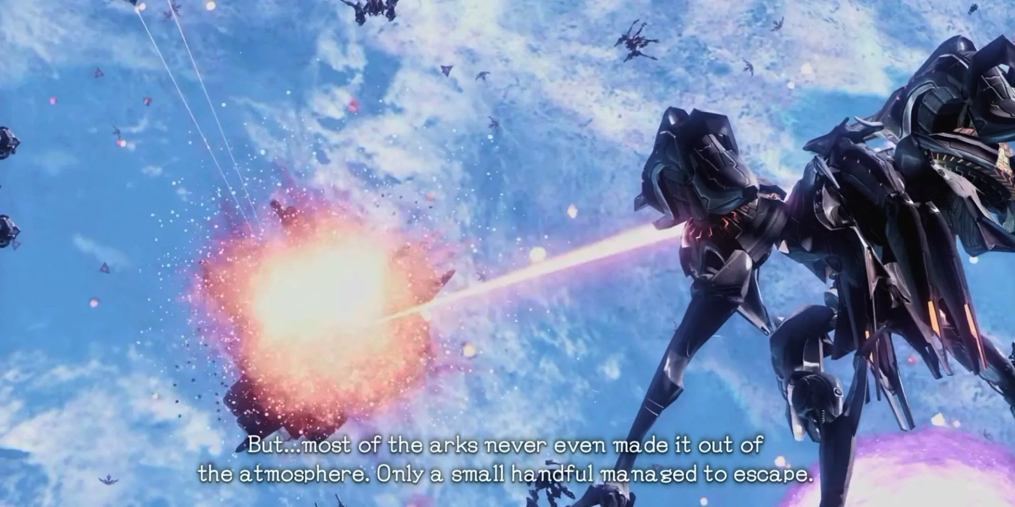 Hình ảnh Trái Đất đang bị phá hủy trong Xenoblade Chronicles X bởi cuộc chiến giữa các phe phái ngoài hành tinh.