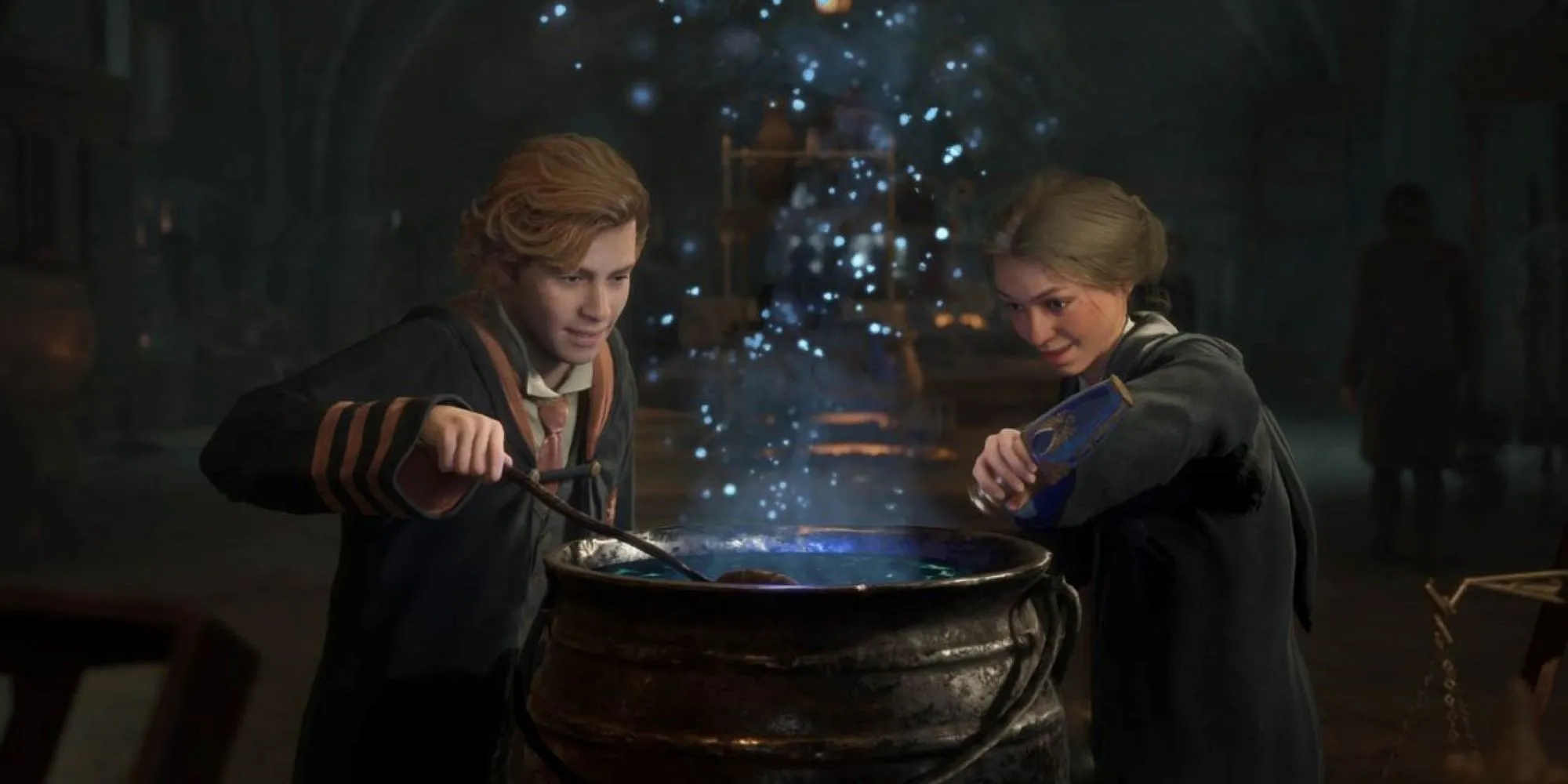 Học sinh Hogwarts Legacy cùng nhau bào chế độc dược trong lớp học