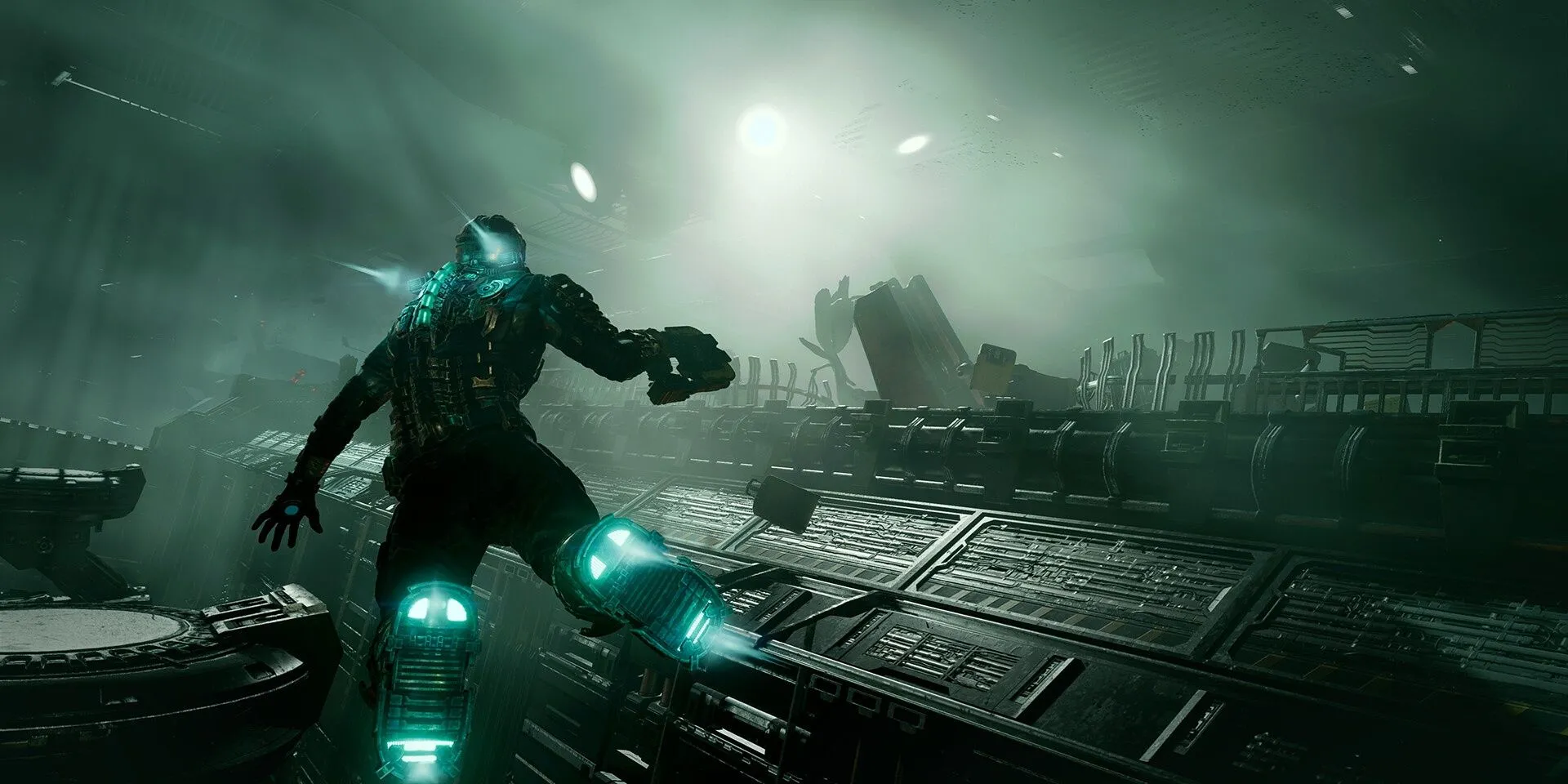 Isaac Clarke lơ lửng trong môi trường không trọng lực trên tàu Ishimura trong Dead Space Remake