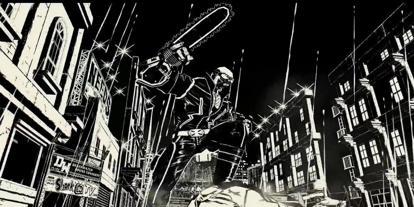 Jack cầm cưa máy trong game MadWorld với phong cách đồ họa đen trắng đỏ