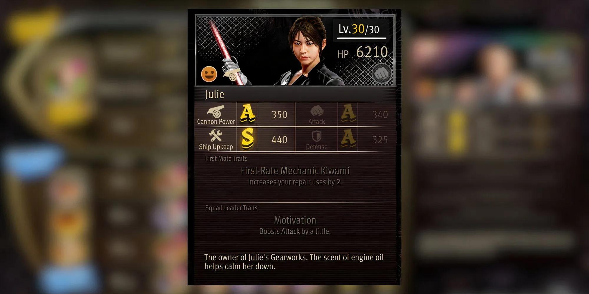 Julie, nữ thợ máy với mái tóc buộc cao và nụ cười tự tin trong Pirate Yakuza