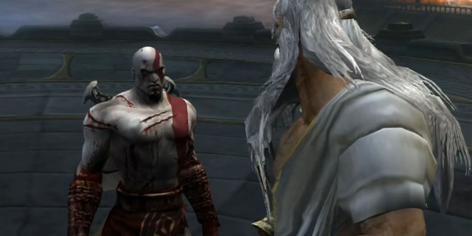 Kratos đối mặt Colossus of Rhodes trong God of War 2 trên PS2