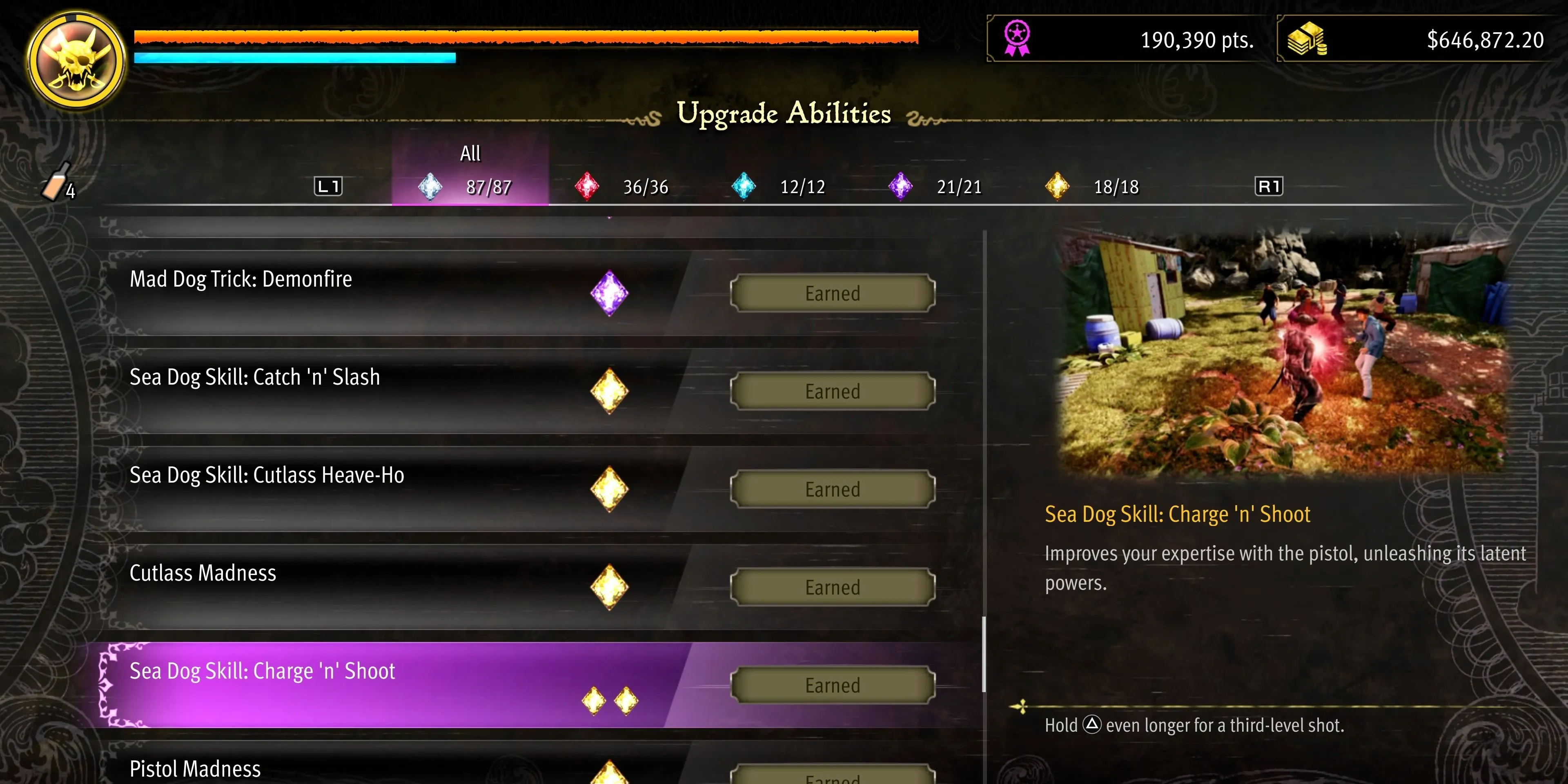Kỹ năng Sea Dog Charge 'n' Shoot tăng sức mạnh cho đòn bắn súng của Majima trong Pirate Yakuza