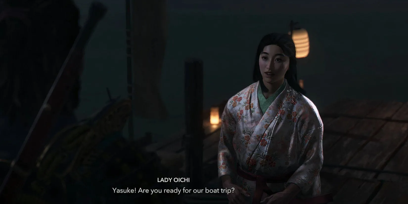 Lady Oichi đợi Yasuke ở bến tàu Đền Isakiji trong Assassin's Creed Shadows.