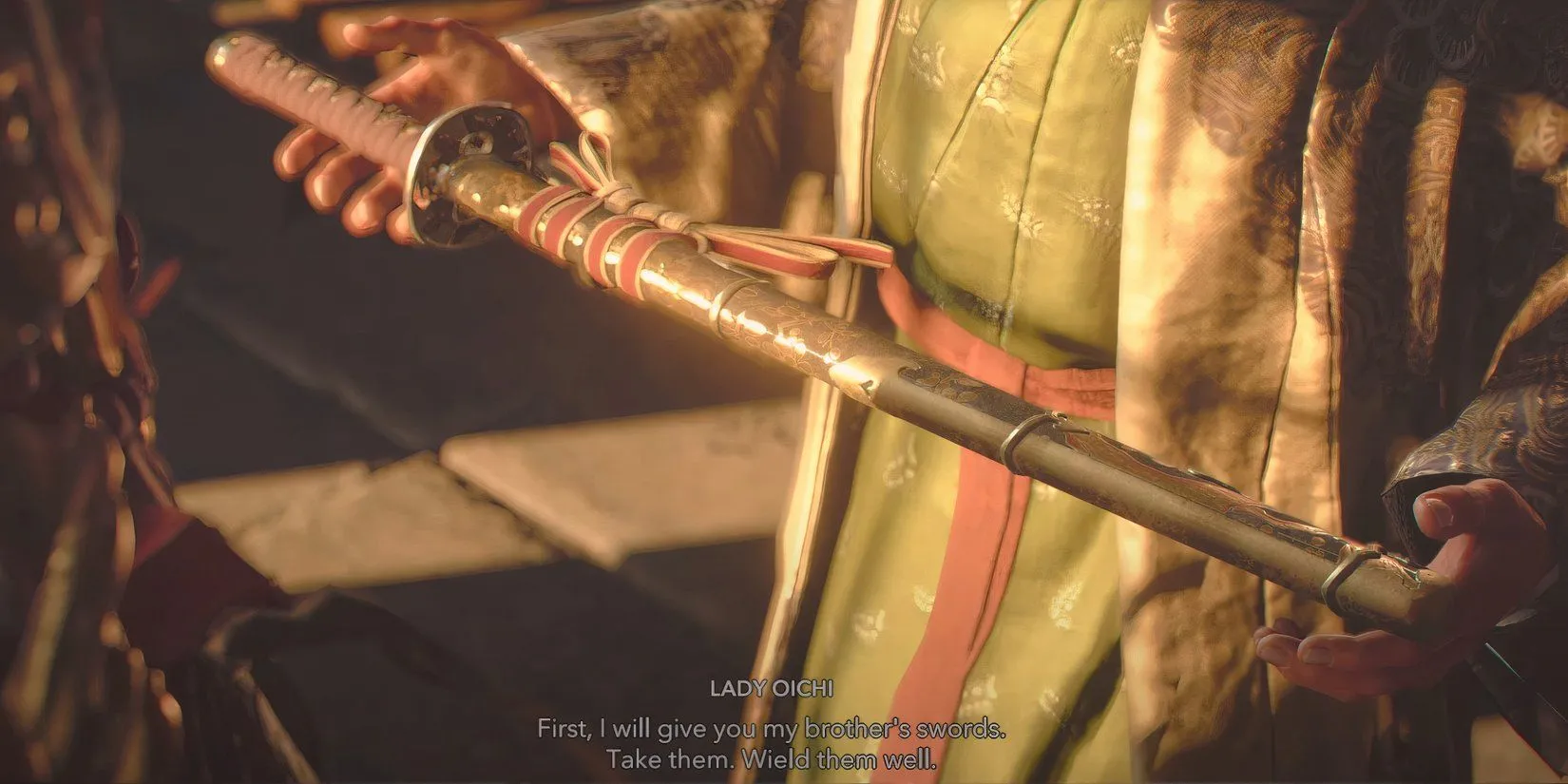 Lady Oichi đưa cho Yasuke một thanh kiếm, có thể là Myth Slayer, vào cuối chuỗi nhiệm vụ &quot;The Mourner&quot; trong Assassin's Creed Shadows.