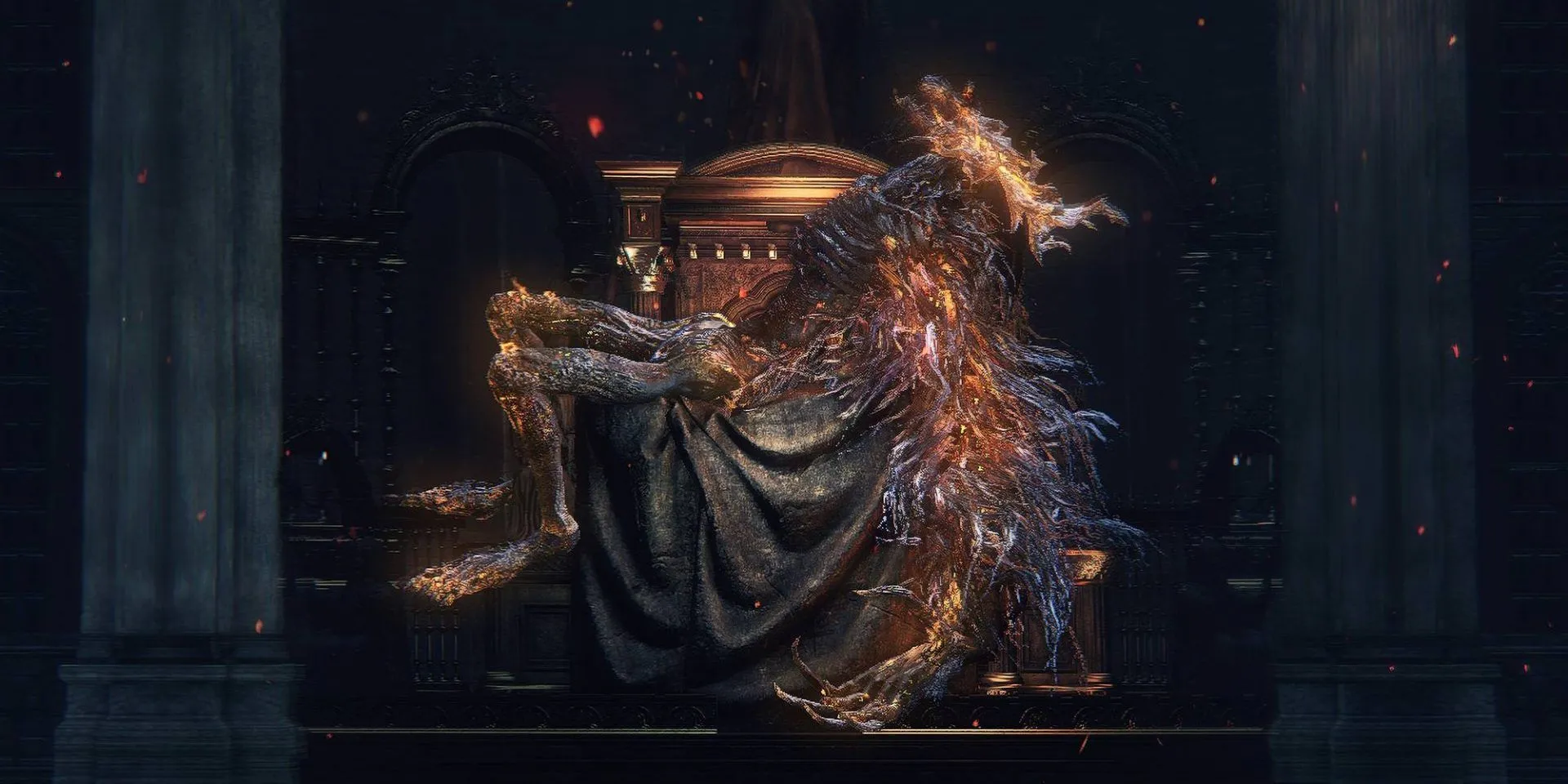 Laurence, Giáo sĩ Đầu tiên trong Bloodborne đang nghỉ ngơi trên ngai vàng rực lửa