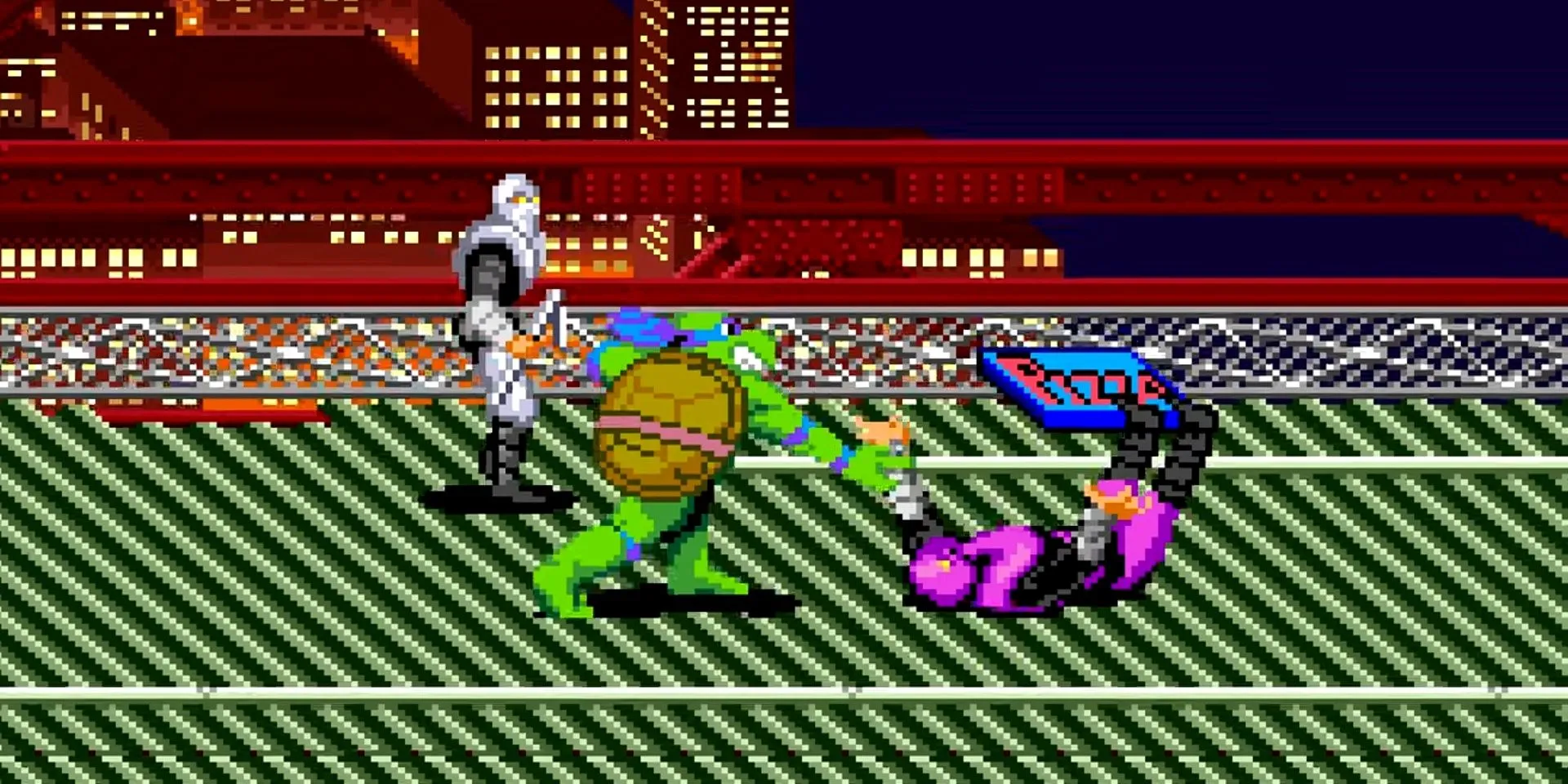Leonardo ném một lính Foot Soldier trong game Teenage Mutant Ninja Turtles: Turtles in Time
