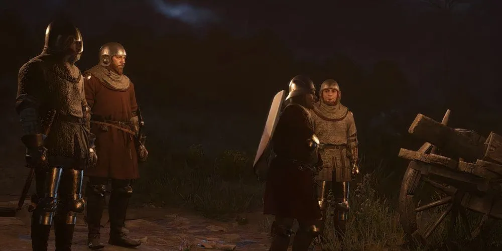 Lính gác chặn đường Henry và Goliath sau khi thoát khỏi mỏ bạc trong nhiệm vụ The Spark, Kingdom Come Deliverance 2