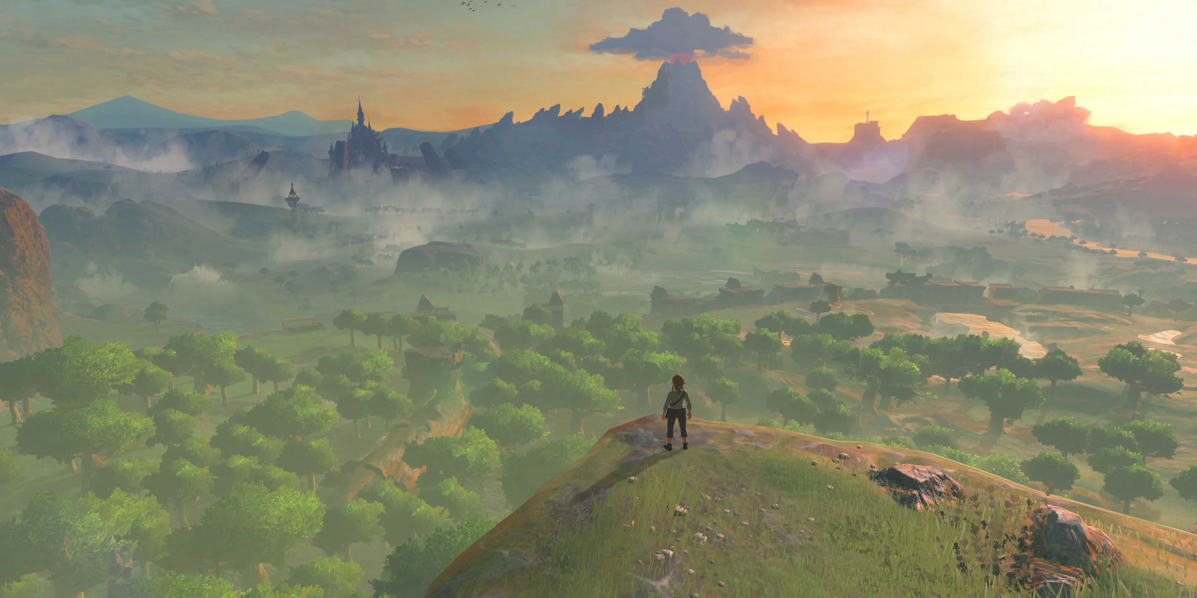 Link nhìn về phía Lâu đài Hyrule trong Zelda Breath of the Wild, sẵn sàng cho thử thách đánh bại Calamity Ganon từ sớm.