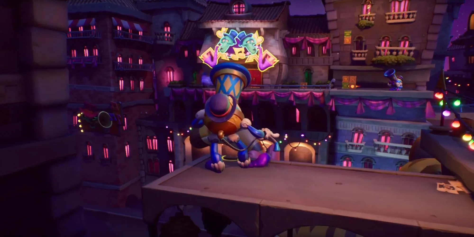 Màn chơi Off Beat trong Crash Bandicoot 4 với bối cảnh lễ hội đầy màu sắc