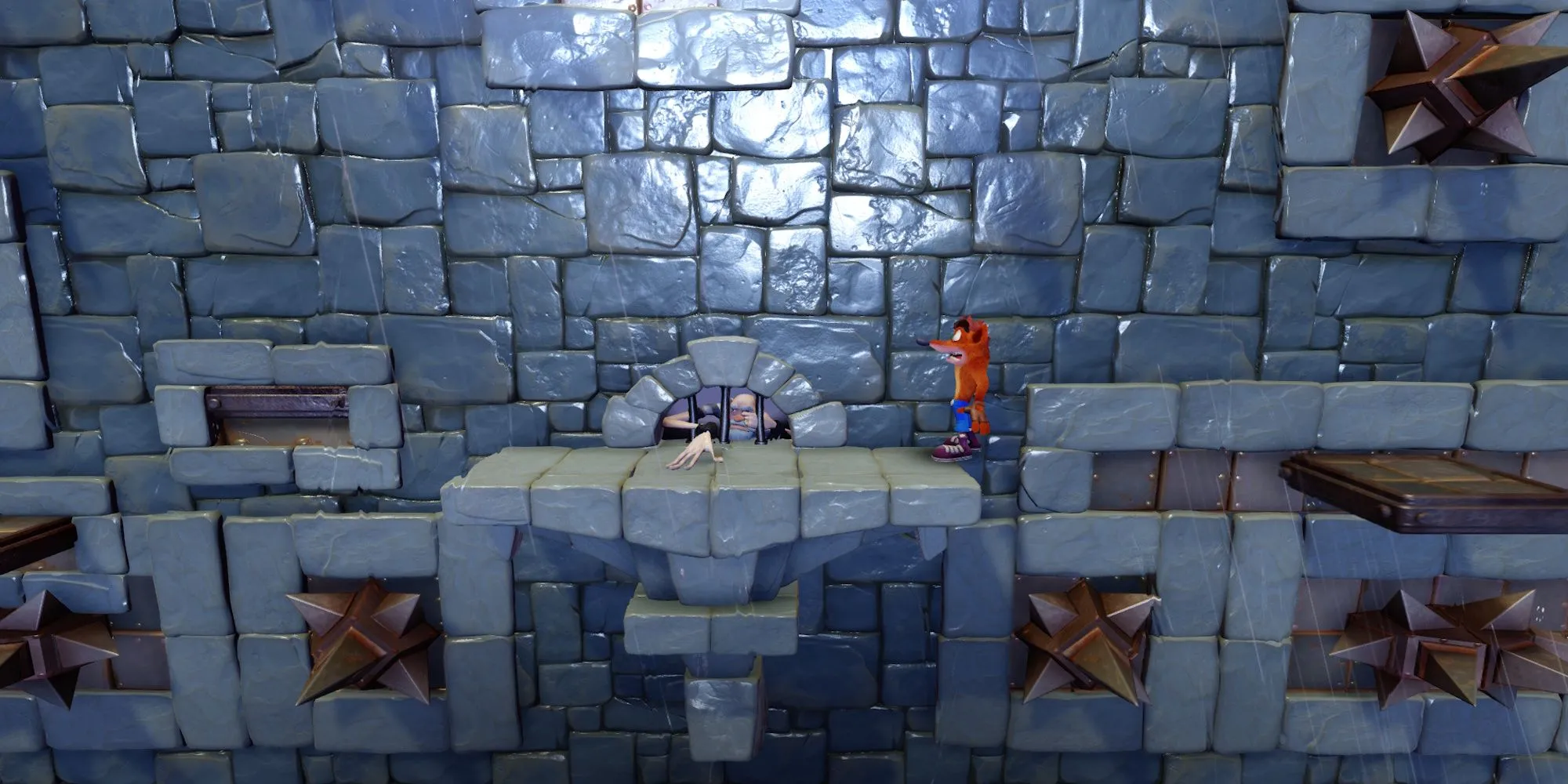 Màn chơi Slippery Climb trong Crash Bandicoot với khung cảnh lâu đài và mưa bão