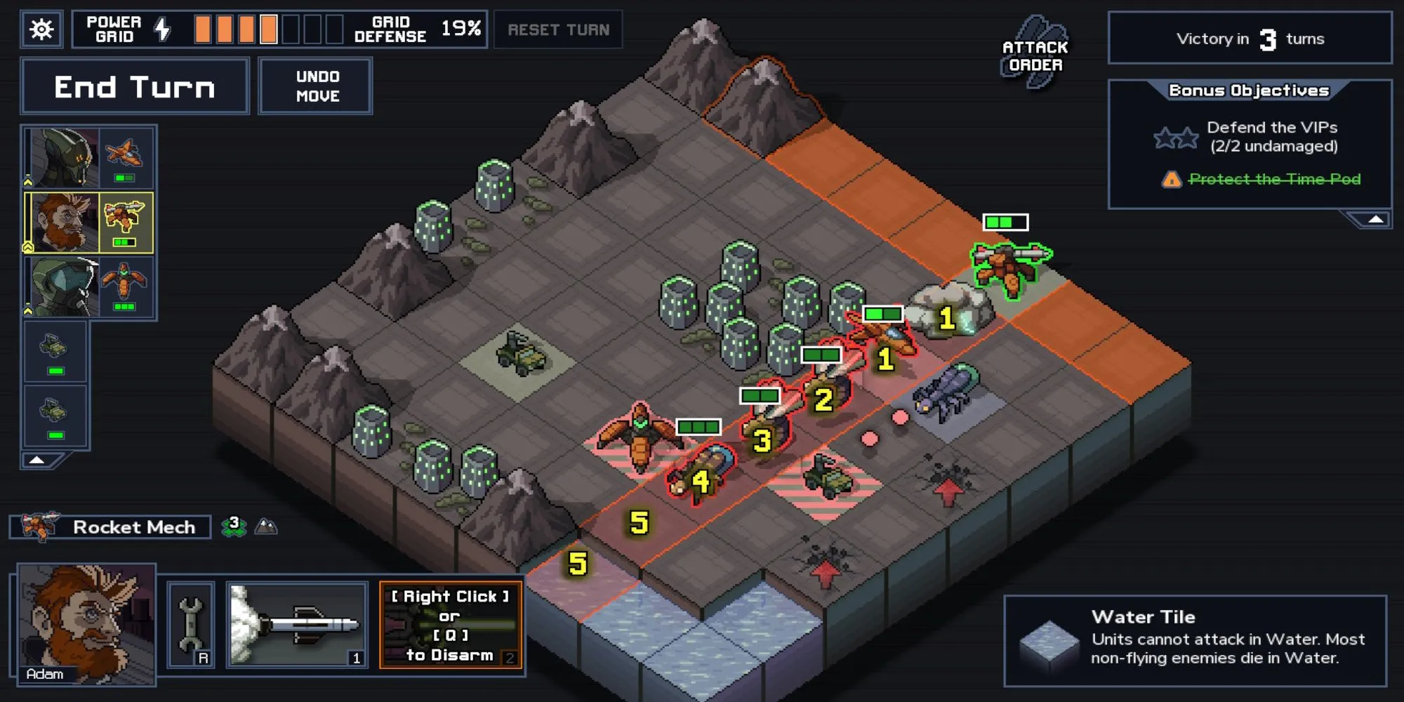 Màn hình chiến đấu trong Into the Breach, cho thấy lối chơi chiến thuật theo lượt trên bản đồ ô vuông của tựa game roguelite này.