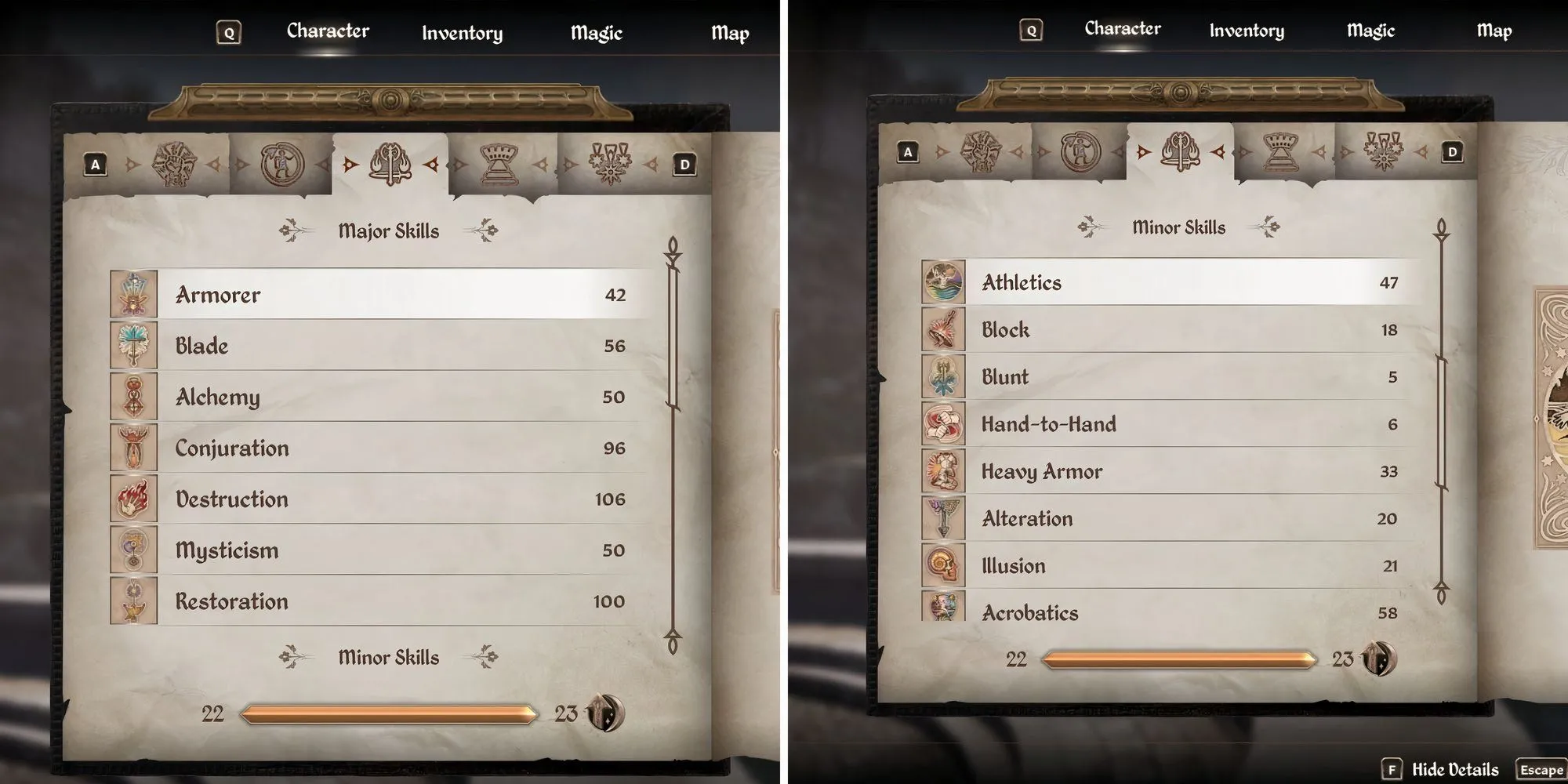 Màn hình lựa chọn kỹ năng chính khi tạo nhân vật trong The Elder Scrolls IV Oblivion Remastered