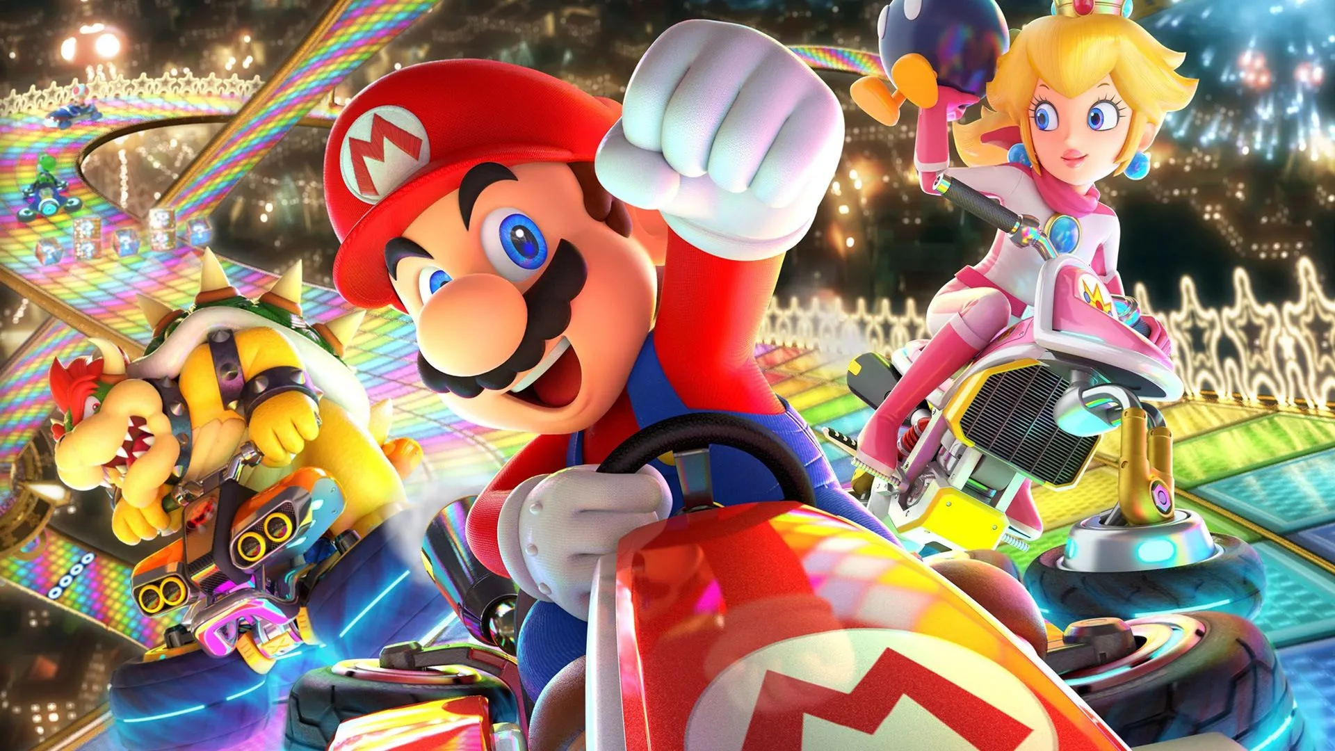 Mario, Bowser và Peach trong game Mario Kart 8 Deluxe trên Nintendo Switch