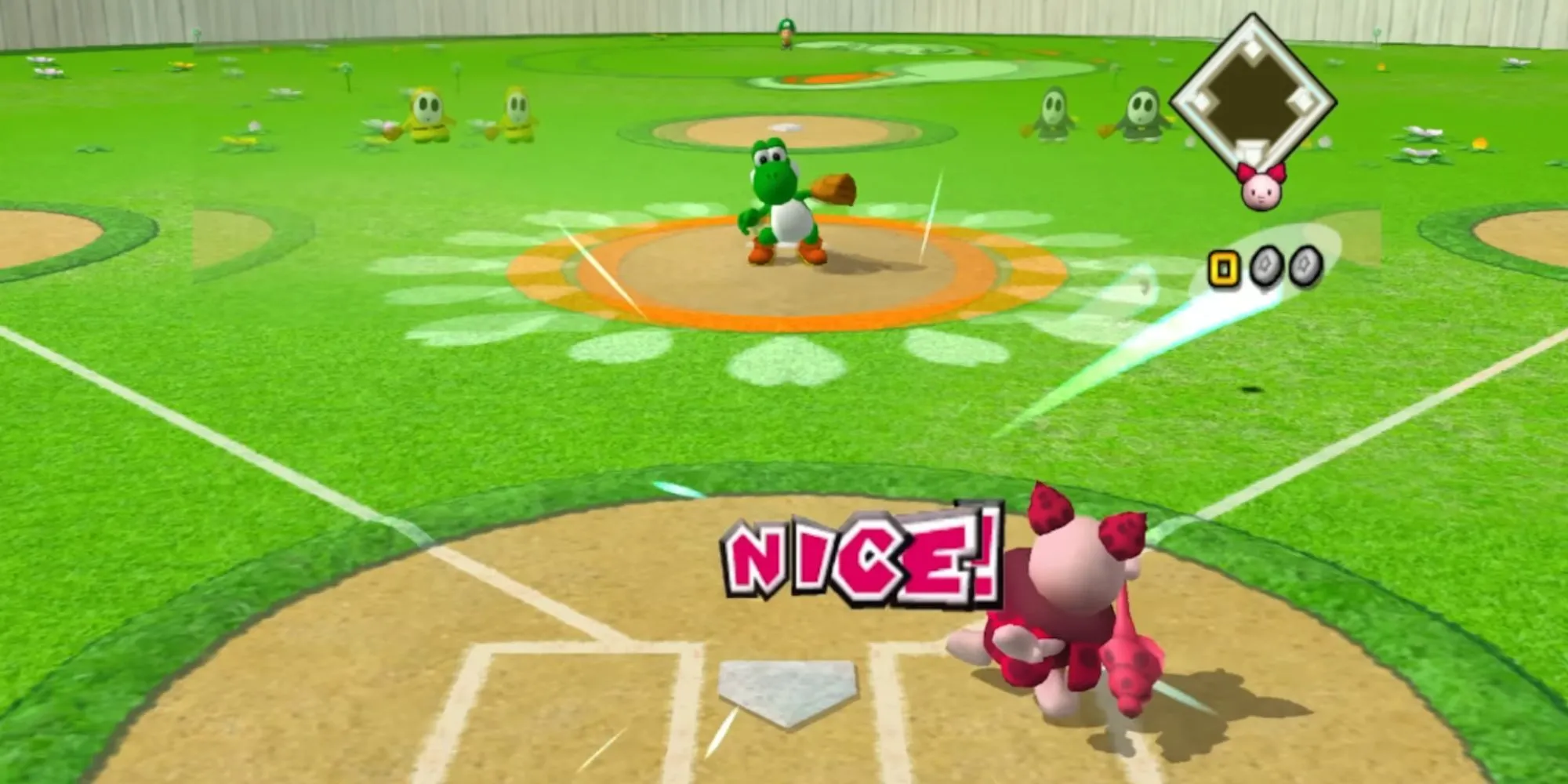 Mario chuẩn bị đánh bóng trong game thể thao Mario Superstar Baseball trên GameCube